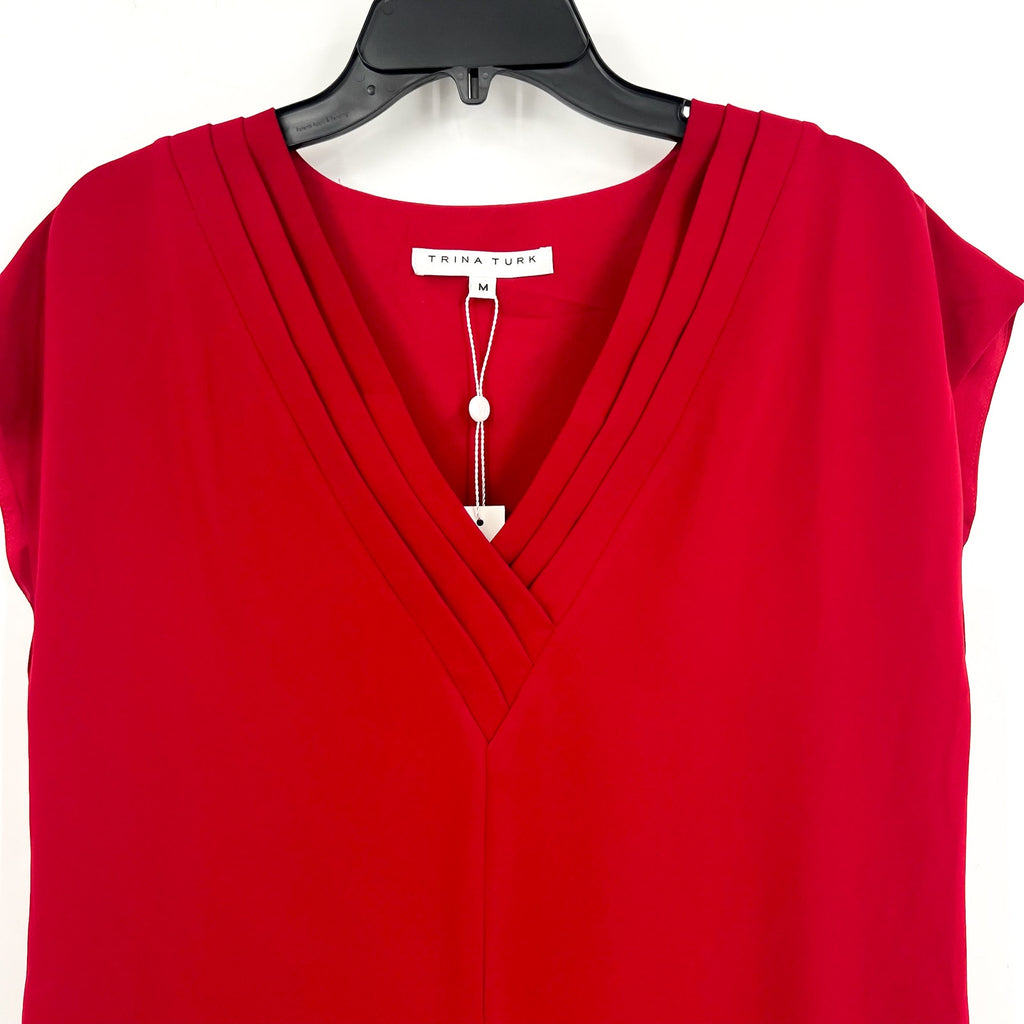 TRINA TURK Womens Zula Casual Midi Dress US Medium Red Pleated Cap Sleeve NWT