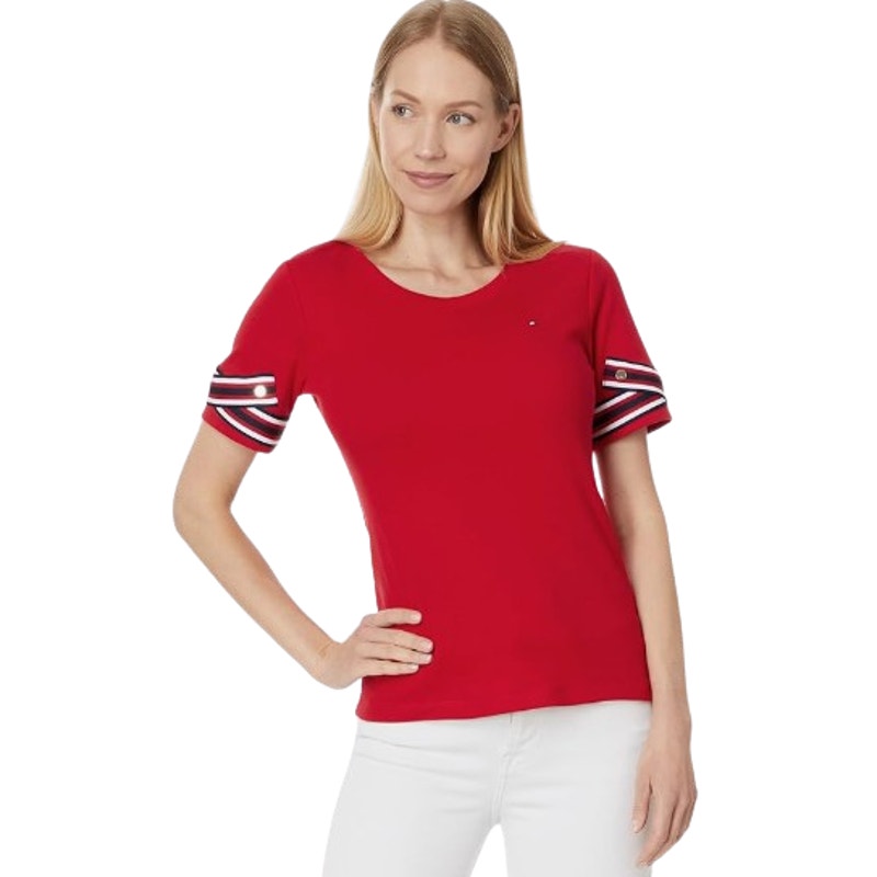 Tommy Hilfiger Womens Ribbon Cuff Logo T-Shirt Small Red Crewneck Cotton NWT