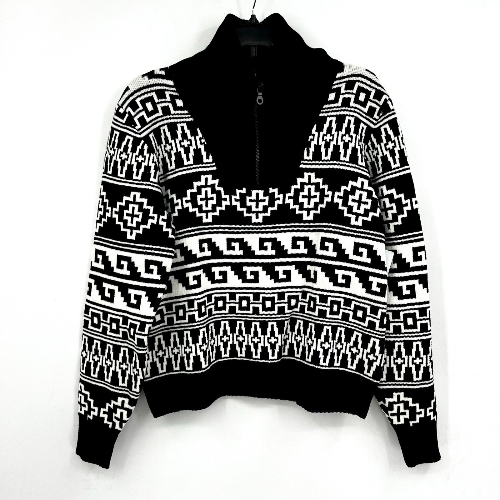 BEACH RIOT Womens Monterey Jacquard Quarter Zip Sweater XS Black Tribal NWT