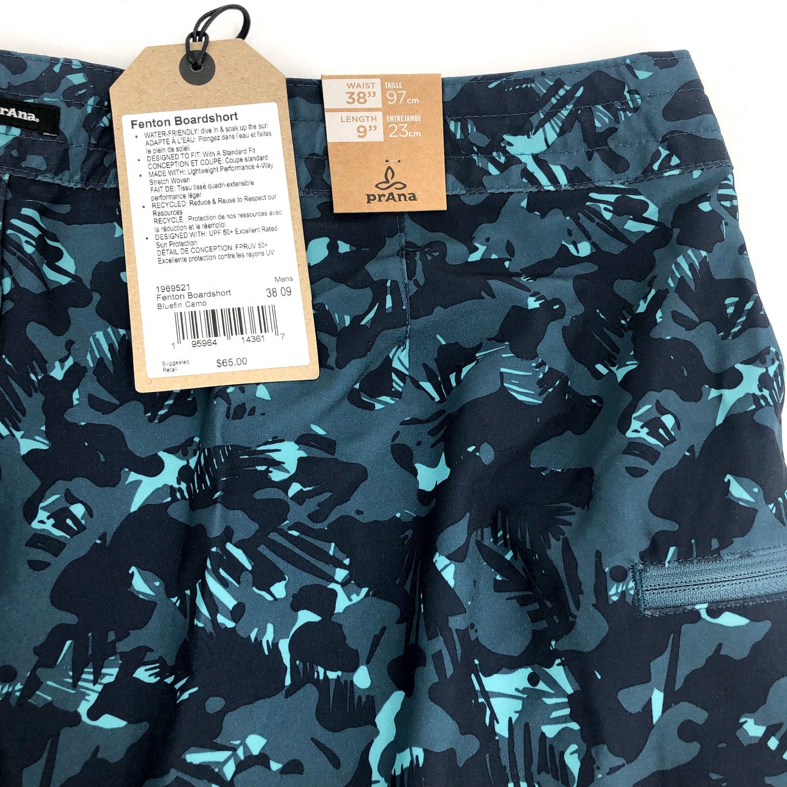 PRANA Men's Fenton Board Shorts Size 38 XL Bluefin Camo 9" Inseam UPF 50+ NWT