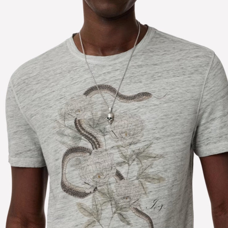 JOHN VARVATOS Men's Snake Floral Crew Tee XXL Pearl Grey Linen Short Sleeve NWT