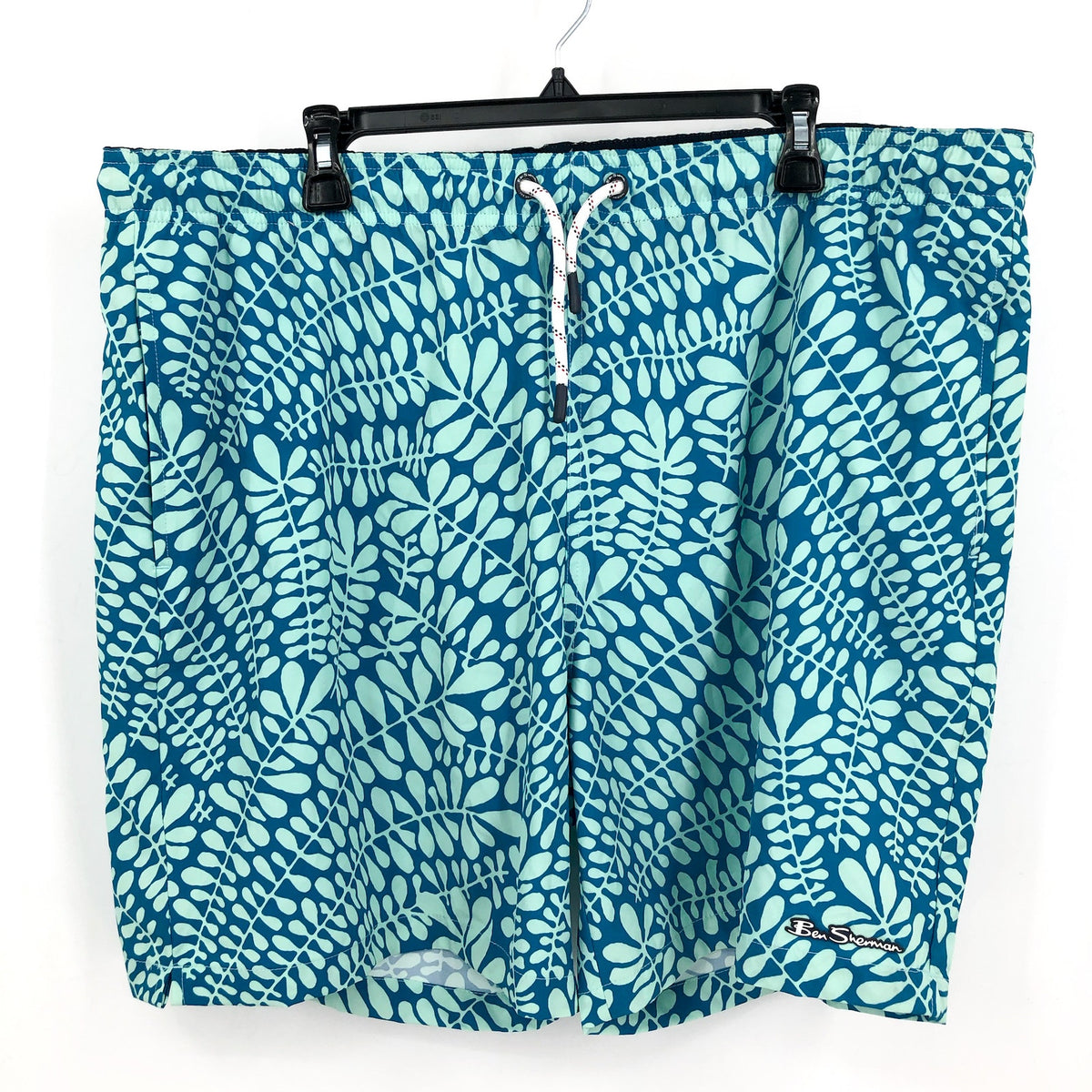 BEN SHERMAN Men's Frond Print Swim Trunks 2XL Blue Aqua Ice Drawstring NWT