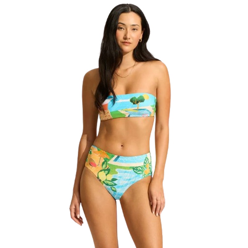 SEAFOLLY Womens Sunset Bikini Bottom Size 8 Turquoise Print High Waist Pant NWT