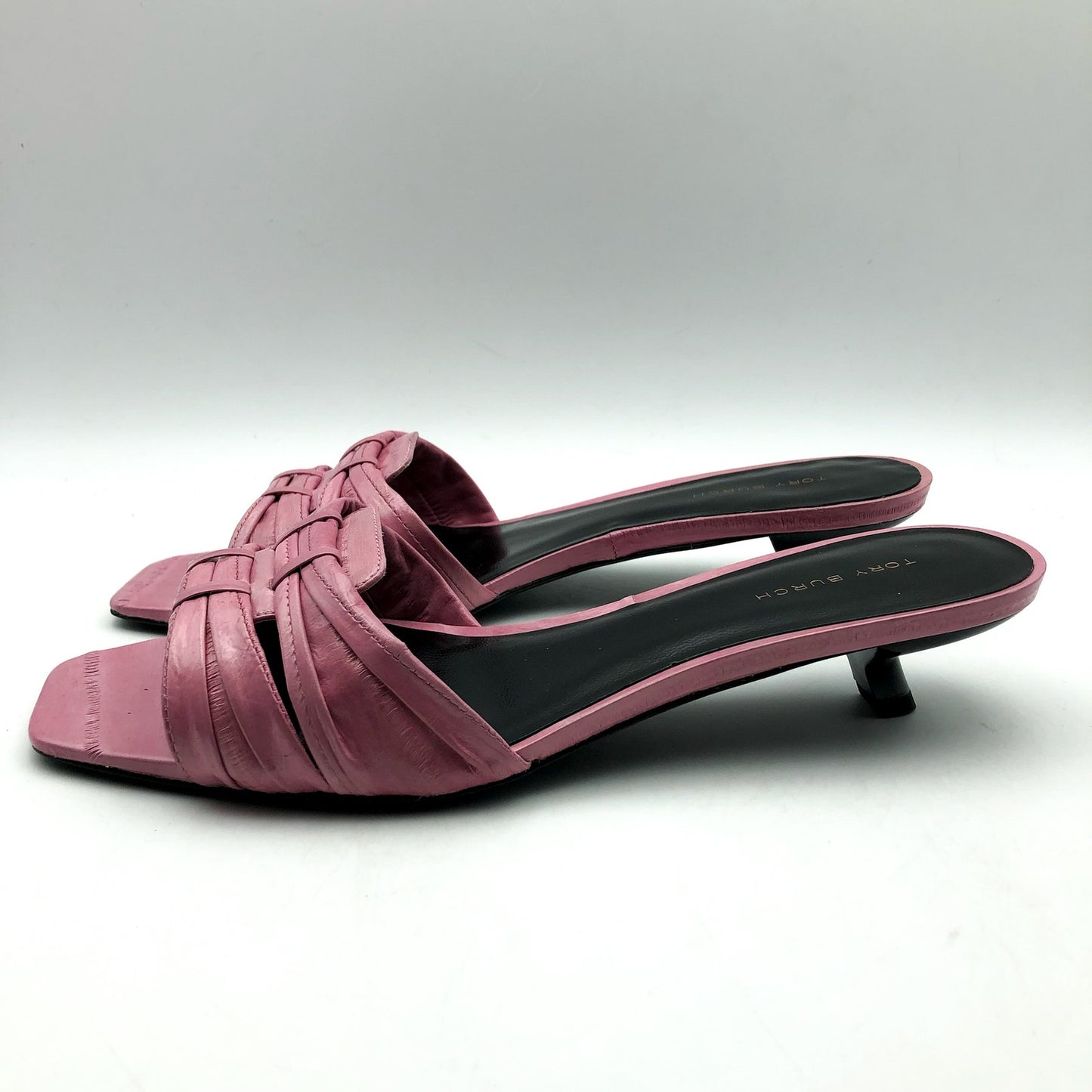 Tory Burch Womens 35mm Ruched Slide Sandals US 7.5 M Pink Bubblegum Leather NIB