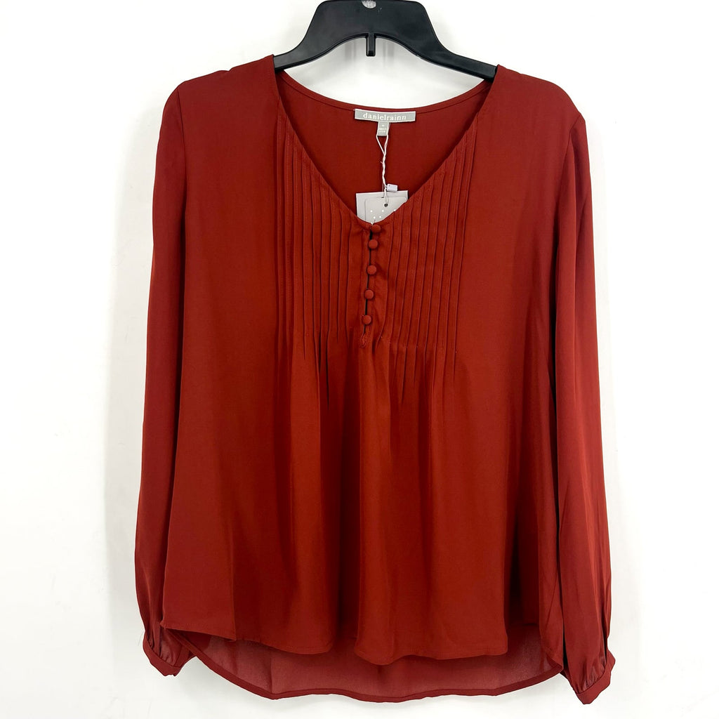 DANIEL RAINN Womens Pleated Palmer Blouse Medium Red Fired Brick Long Sleeve NWT