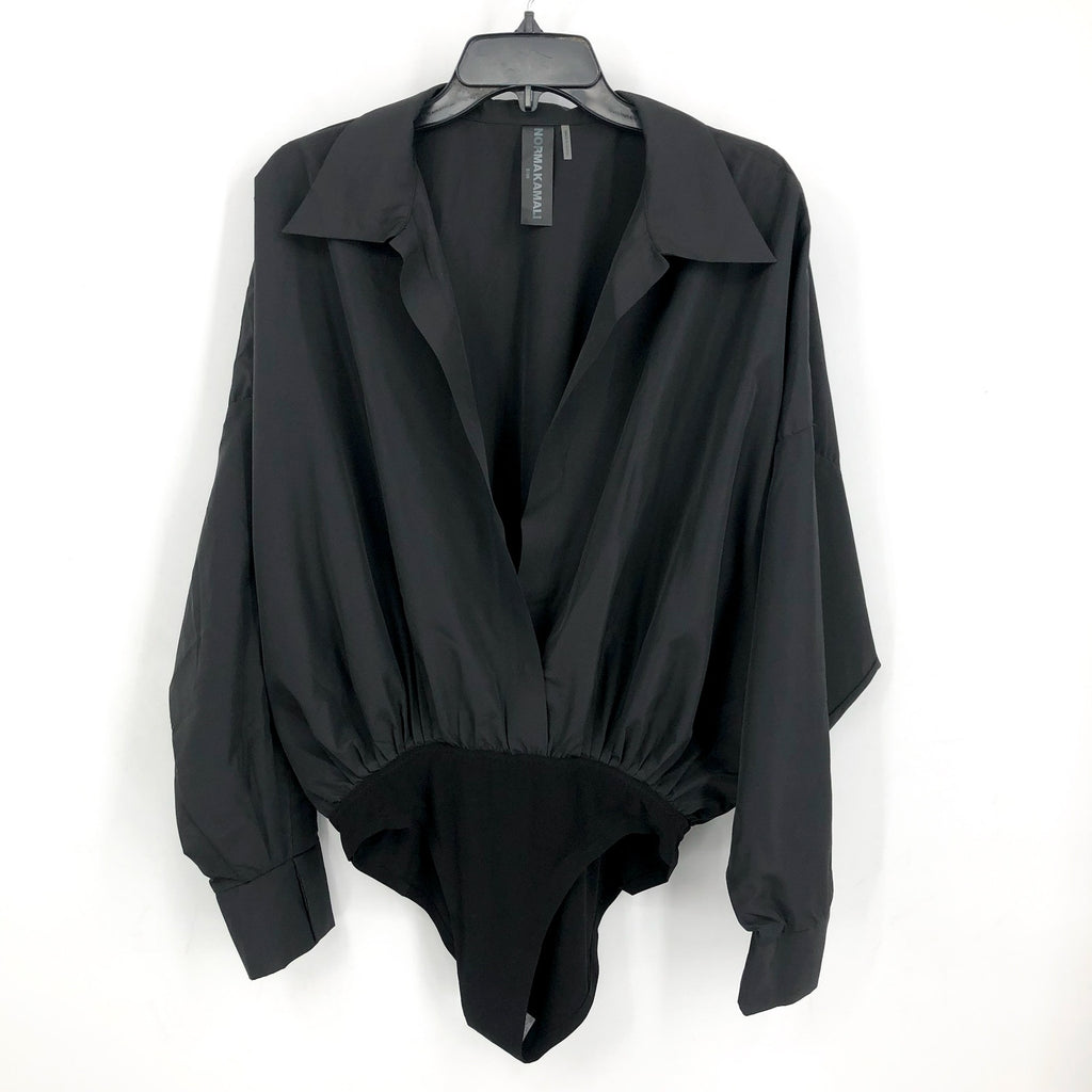 NORMA KAMALI Super Oversized Boyfriend Shirt Bodysuit Small Habotai Black NWOT