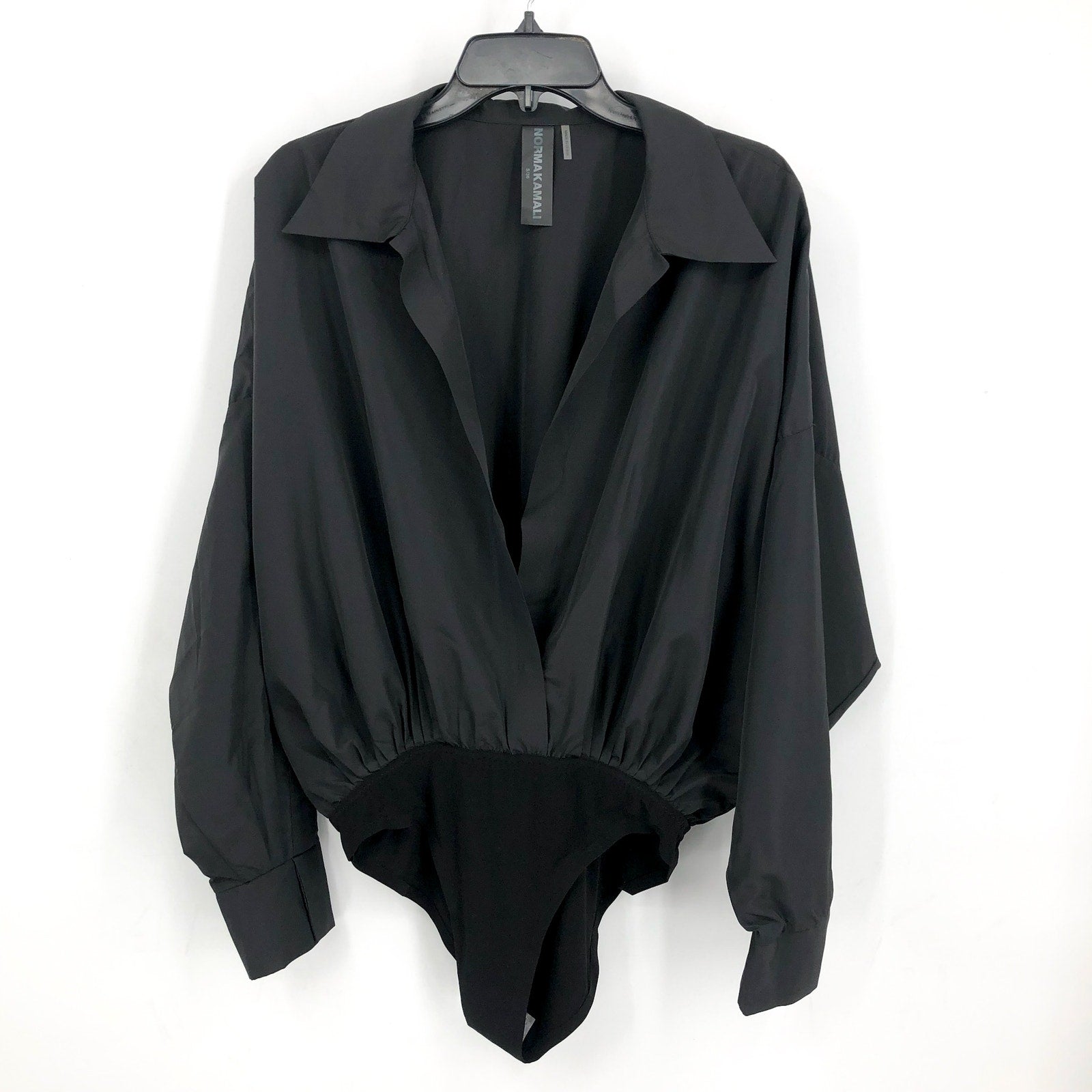 NORMA KAMALI Super Oversized Boyfriend Shirt Bodysuit Small Habotai Black NWOT