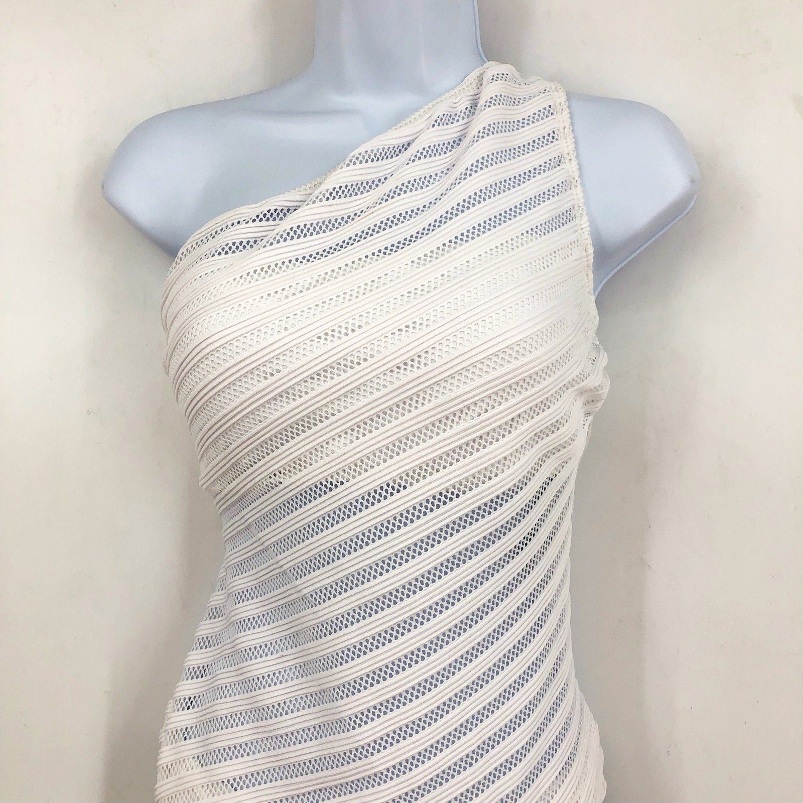 LAUREN RALPH LAUREN Ottoman Mesh One Shoulder One-Piece Swimsuit Sz 8 White NWT