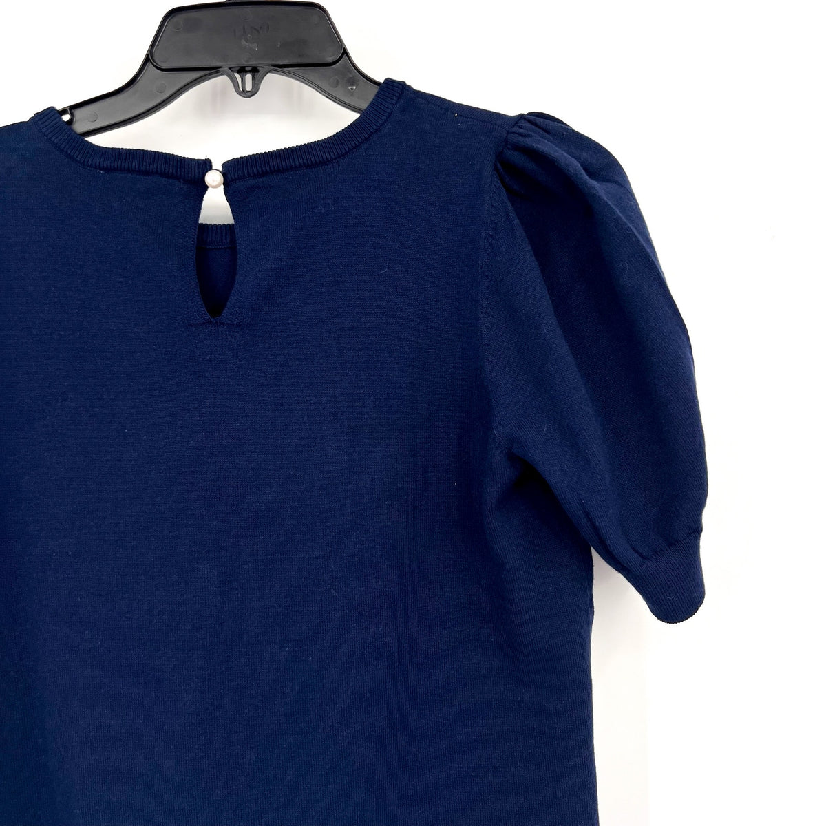 CECE Womens Knit Top Small Classic Navy Blue Pearl Button Short Sleeve NWT