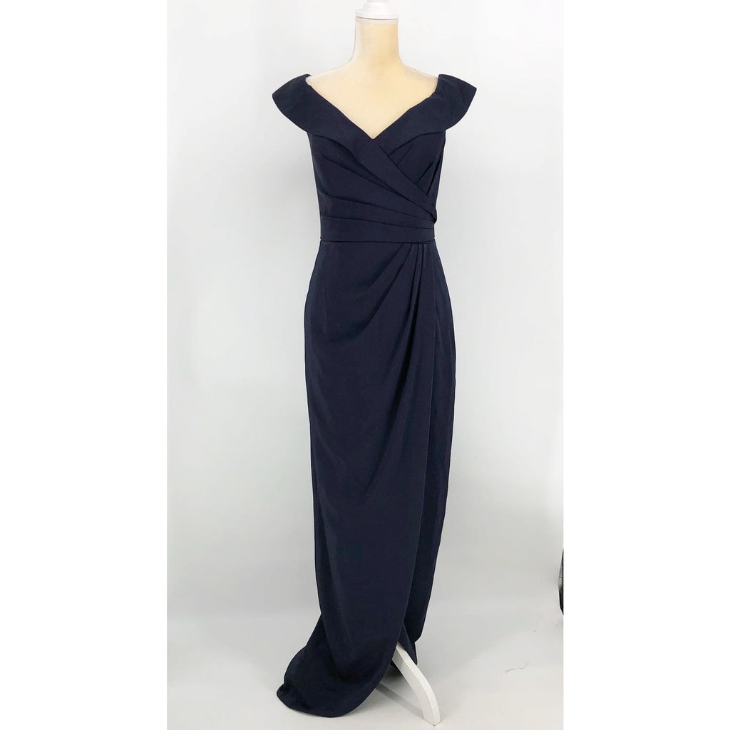 LA FEMME 25206 Jersey Column Gown 2 Navy Blue Off-the-Shoulder Ruched NWOT