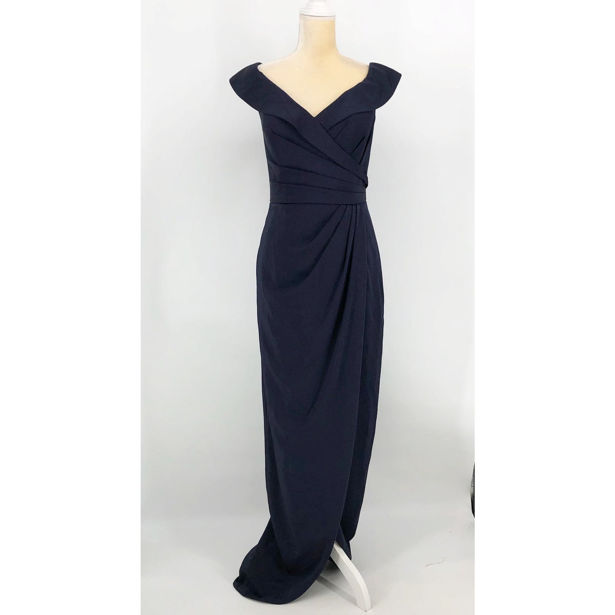 LA FEMME 25206 Jersey Column Gown 2 Navy Blue Off-the-Shoulder Ruched NWOT