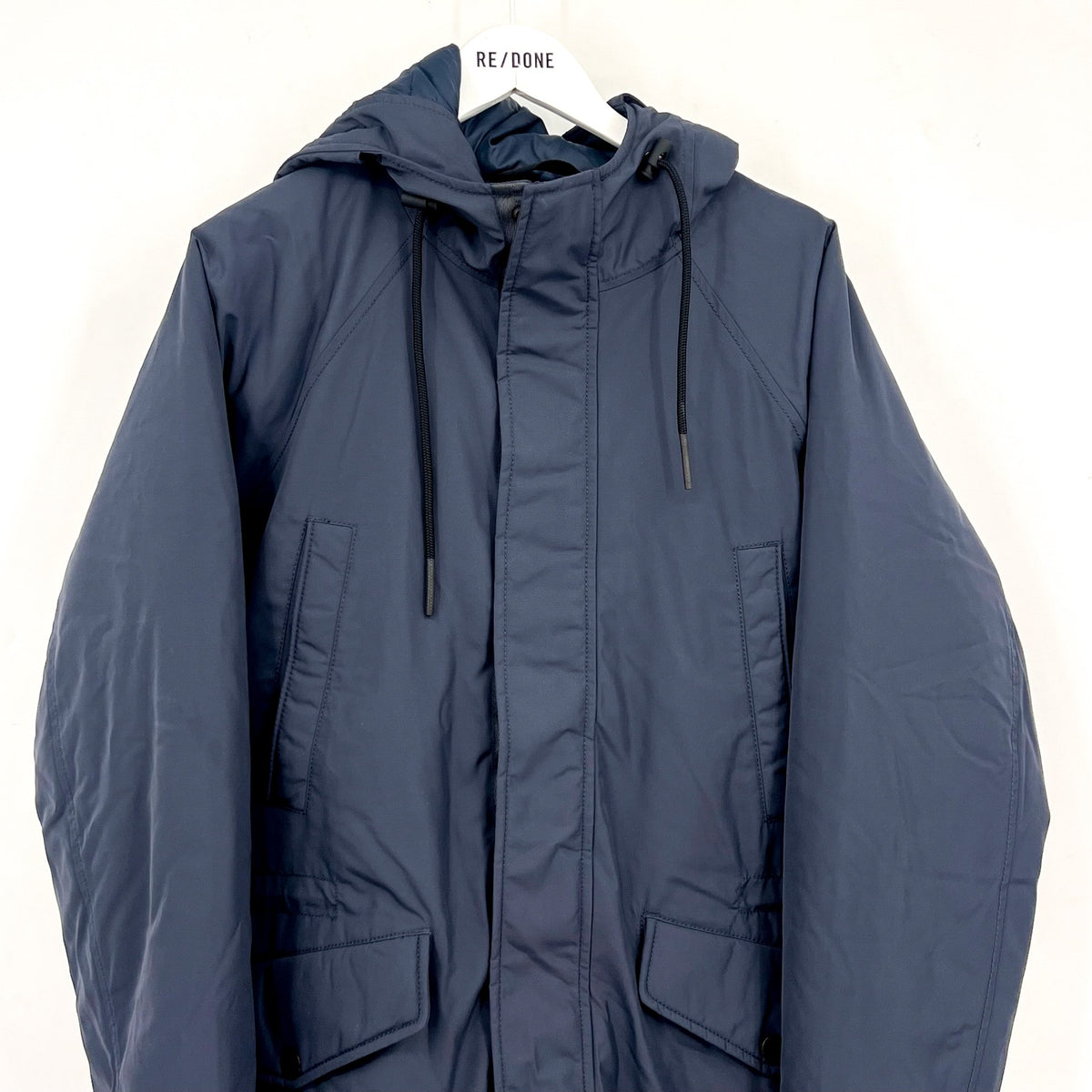 EVERLANE Men's The ReNew Long Parka Jacket Medium Navy Blue Hooded NWOT