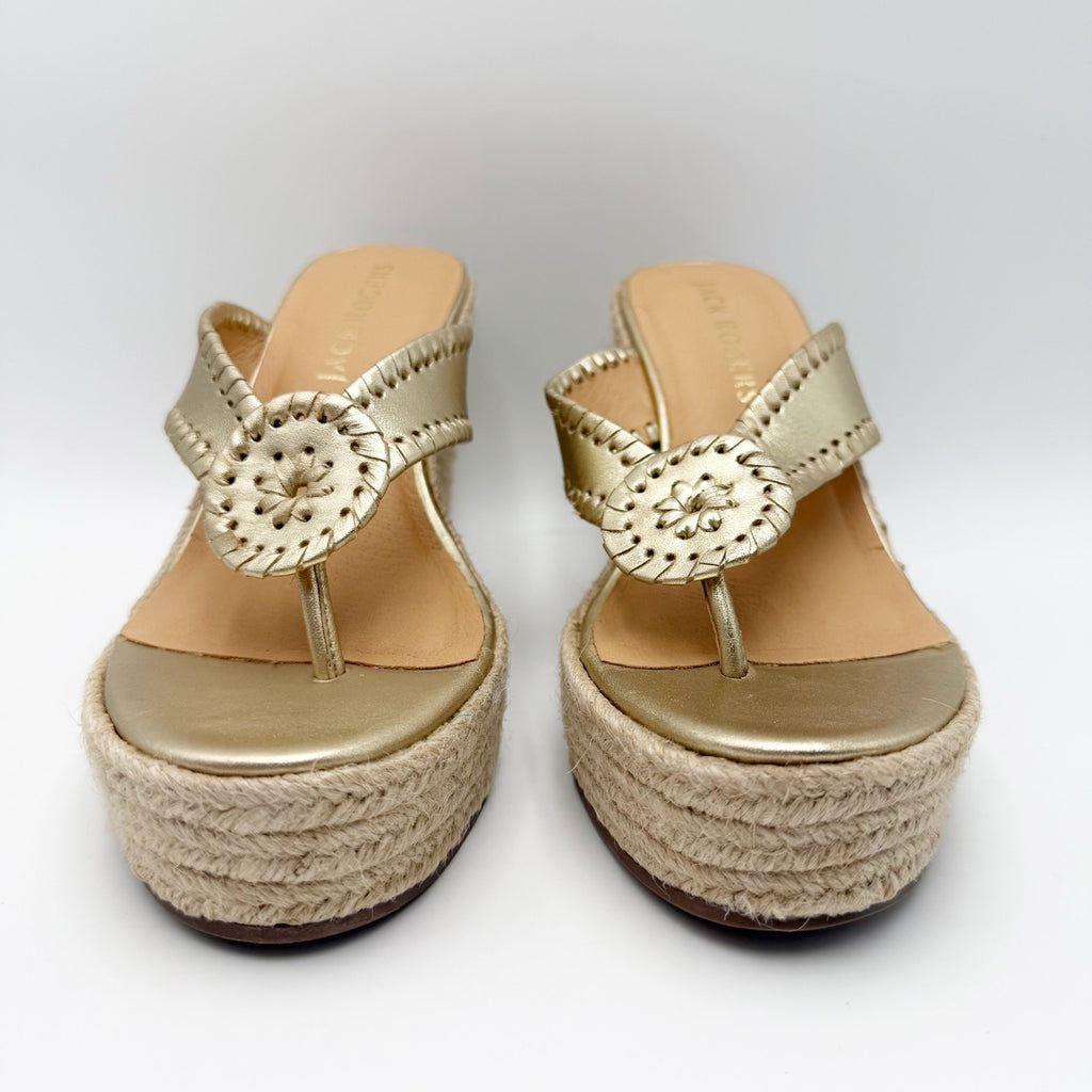 Jack Rogers Womens Rowan Espadrille Sandals Size 8.5 Platinum Gold Leather NWOB