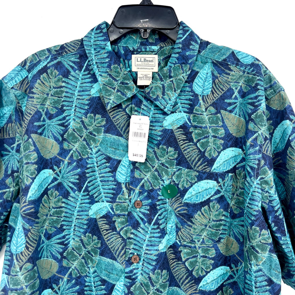 L.L BEAN Mens Tropics Print Short-Sleeve Casual Shirt Large Blue Green NWT