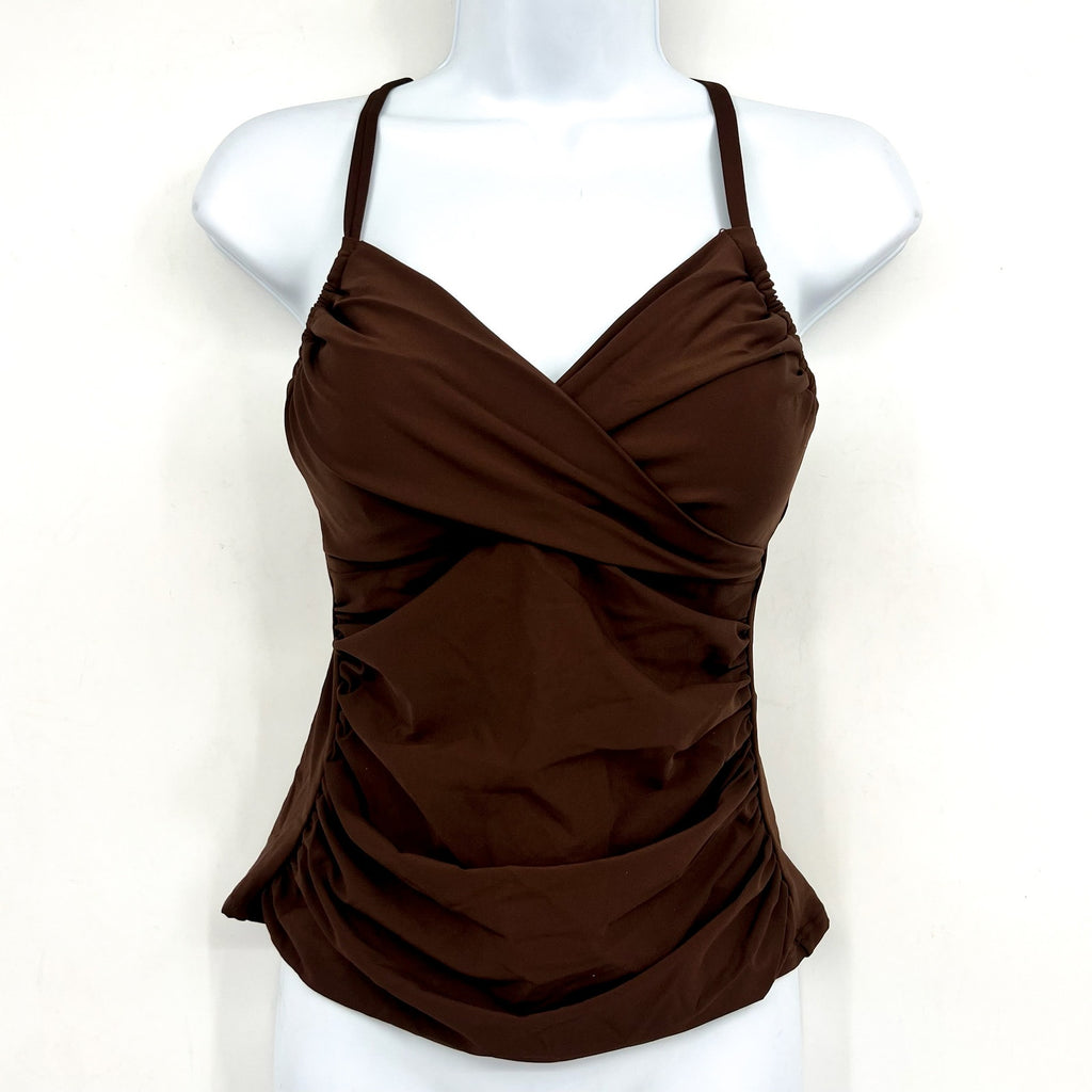 SUNSETS Women's Simone Tankini Top Small Tiki Brown Cross-Over Front Swim NWT