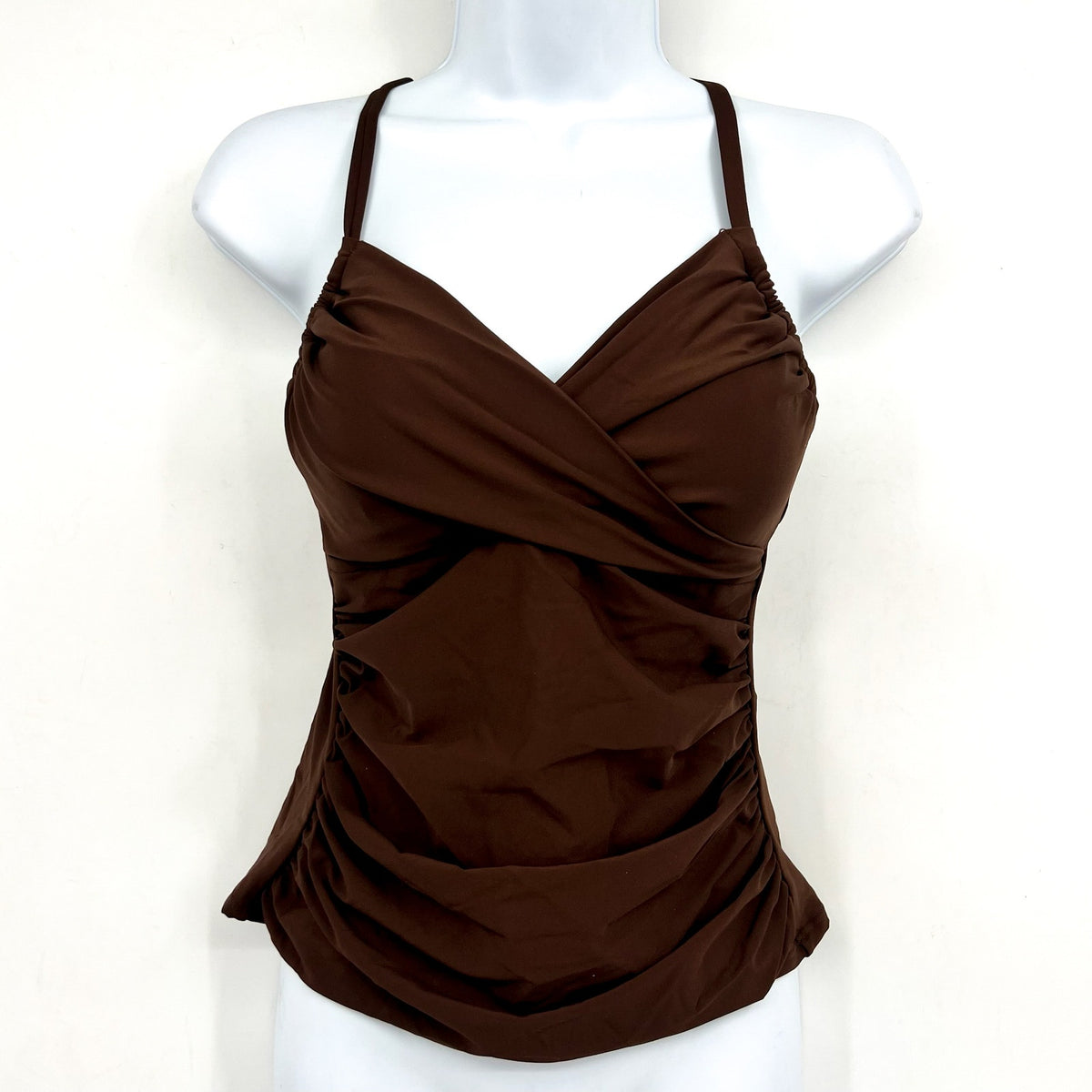 SUNSETS Women's Simone Tankini Top Small Tiki Brown Cross-Over Front Swim NWT
