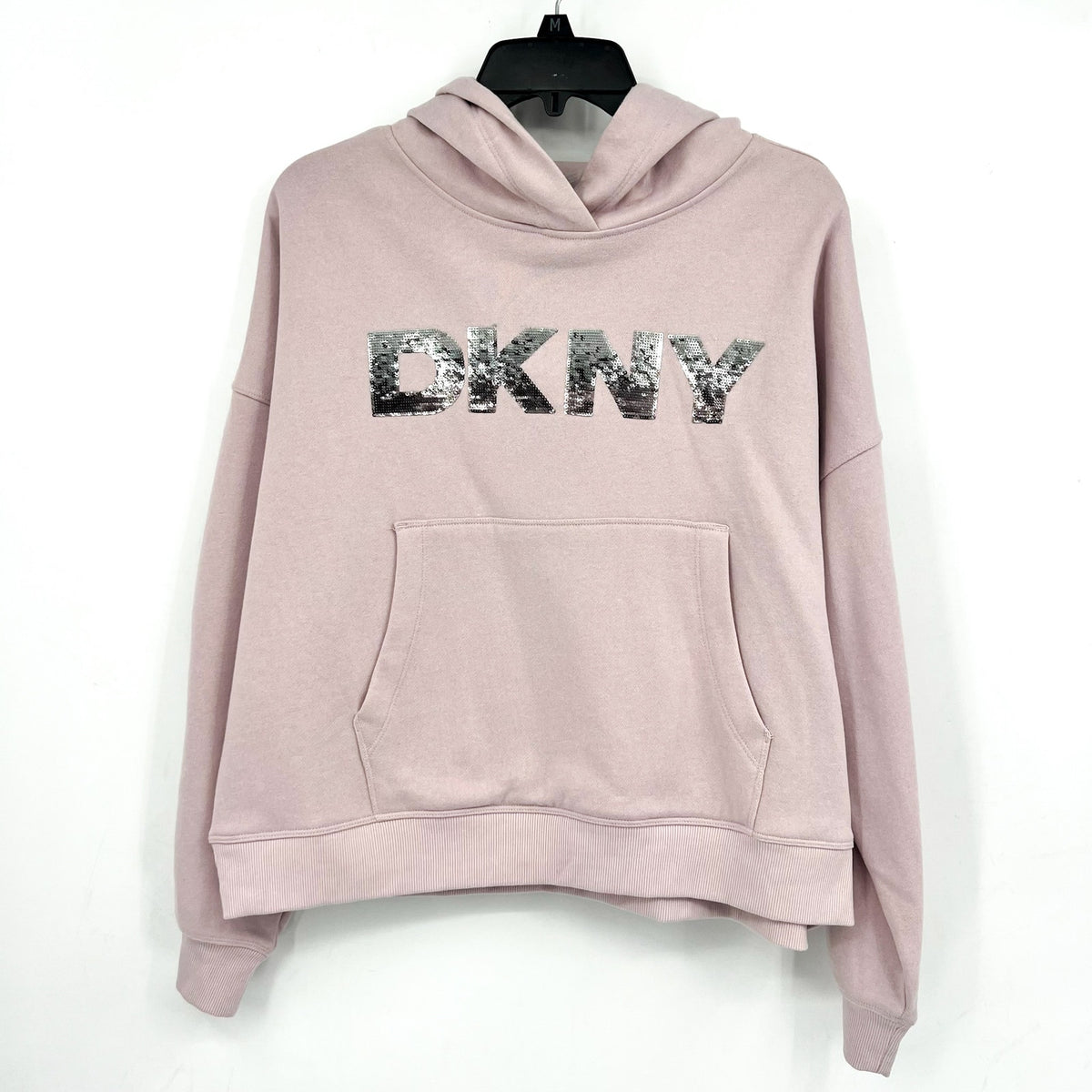 DKNY Women's Sequin Fleece Hoodie Medium Pink Allure Pullover Sweatshirt NWT