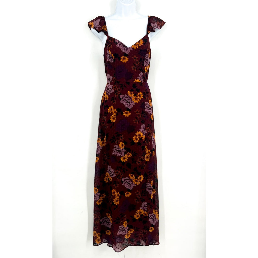 THE GENERAL GOOD Womens Floral Maxi Dress Small Dark Red Cap Sleeve NWOT