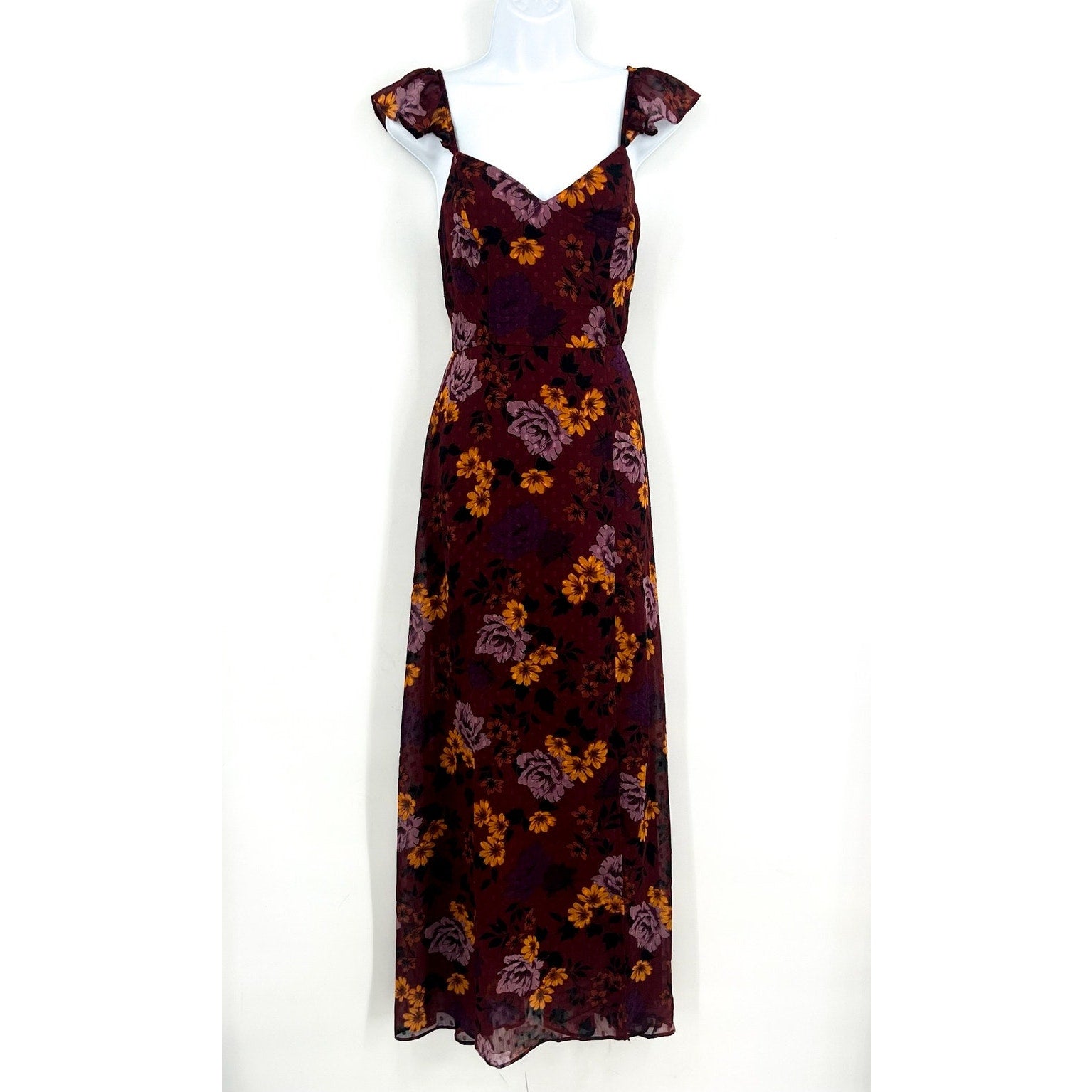 THE GENERAL GOOD Womens Floral Maxi Dress Small Dark Red Cap Sleeve NWOT