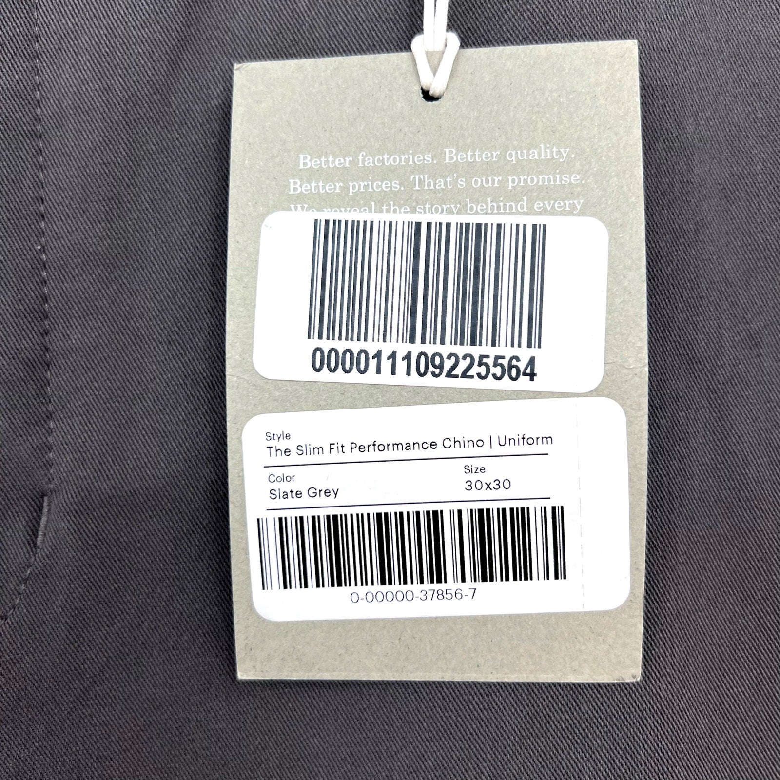 EVERLANE UNIFORM Men's Straight Fit Performance Chino Pants 30x30 Slate Grey NWT