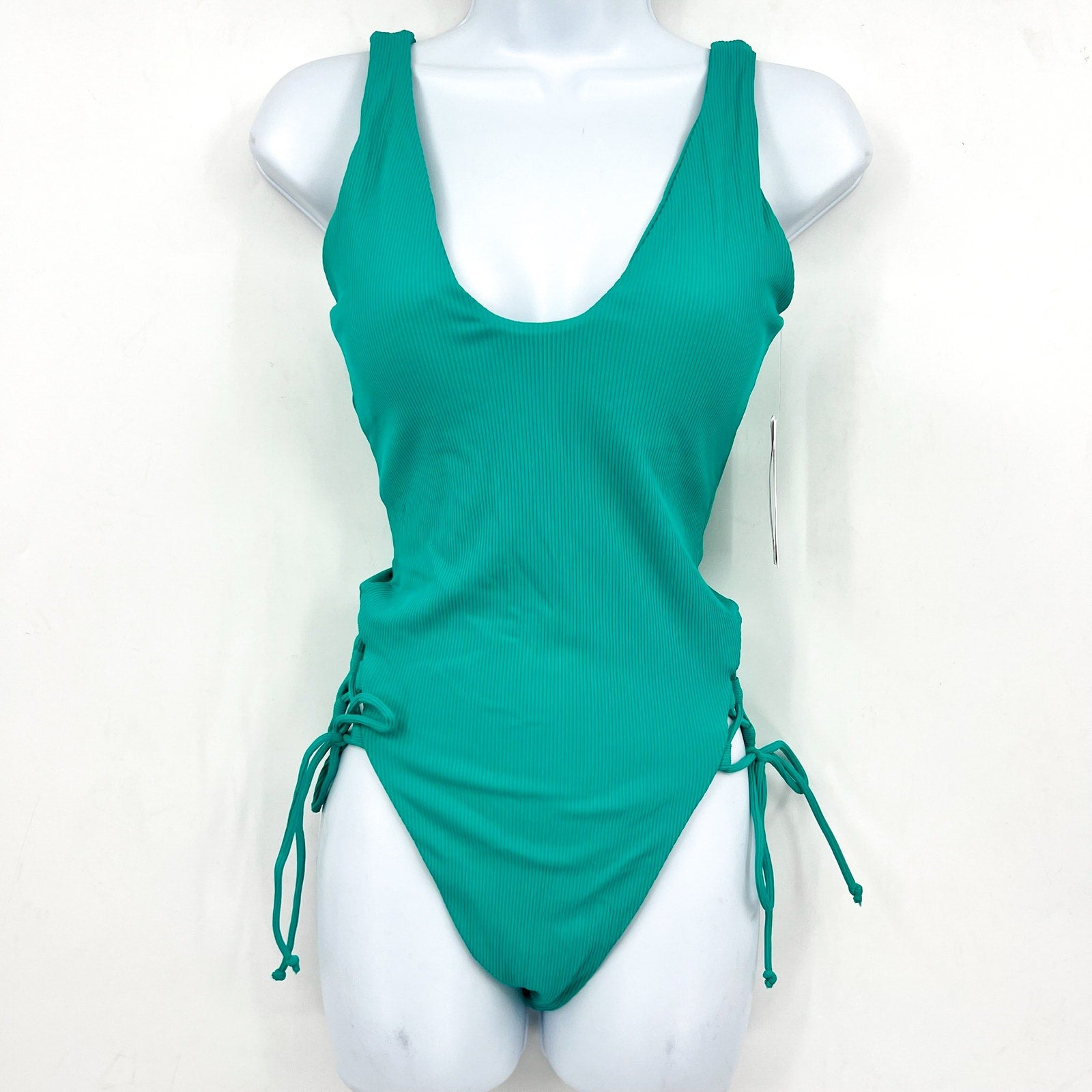 BECCA Modern Edge Sophie One Piece Swimsuit Large Teal Green Lace Up Ribbed NWT