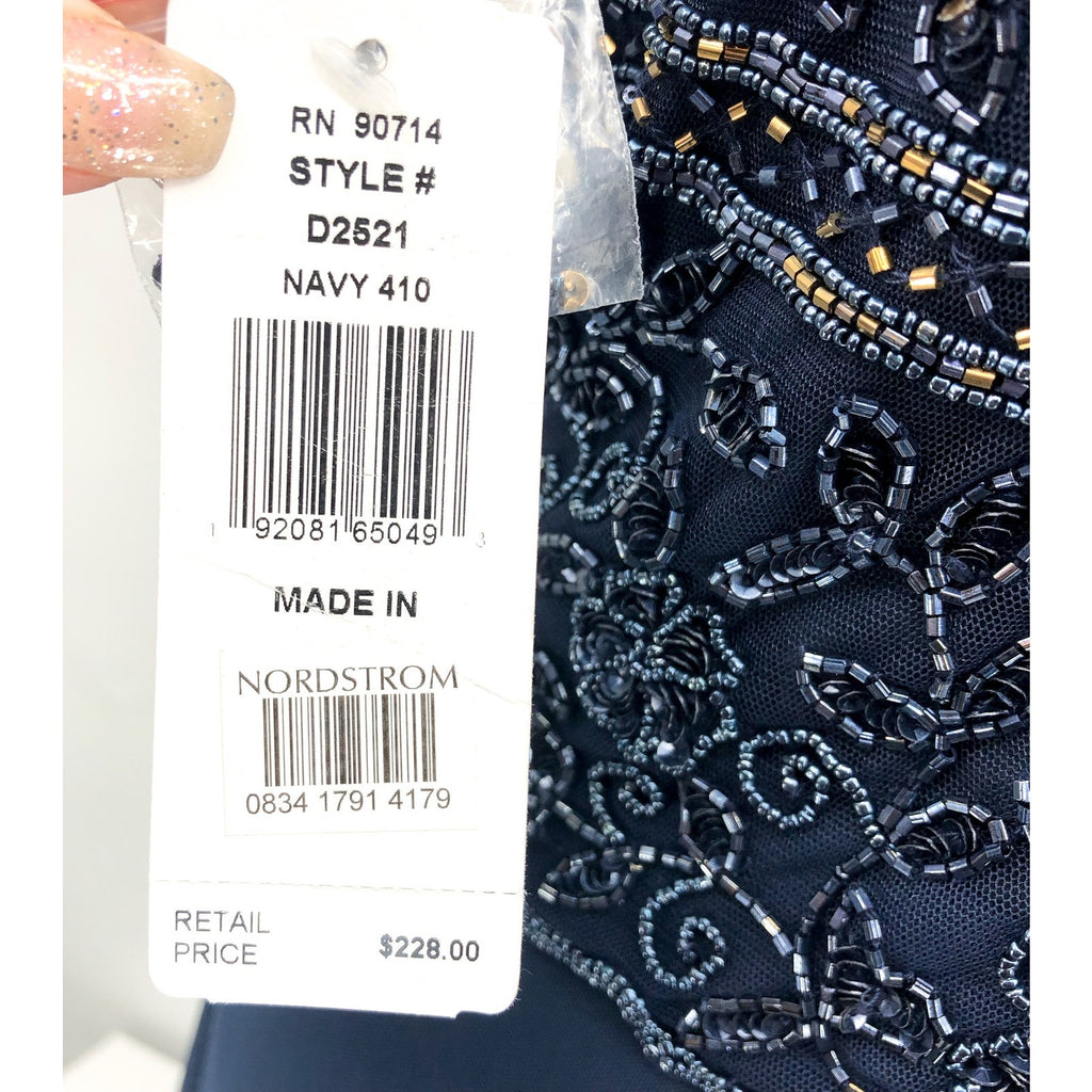 PISARRO NIGHTS Beaded Bodice A-Line Gown Size 12 Navy Blue Short Sleeve NWT