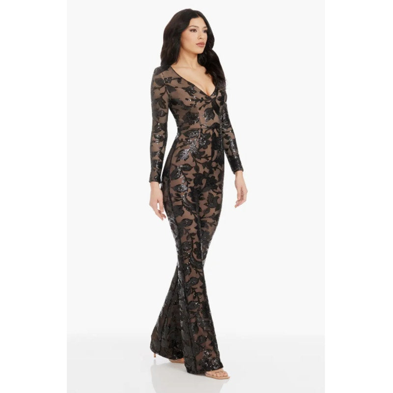 DRESS THE POPULATION Carson Sequin Leopard Jumpsuit XS Black Long Sleeve NWOT