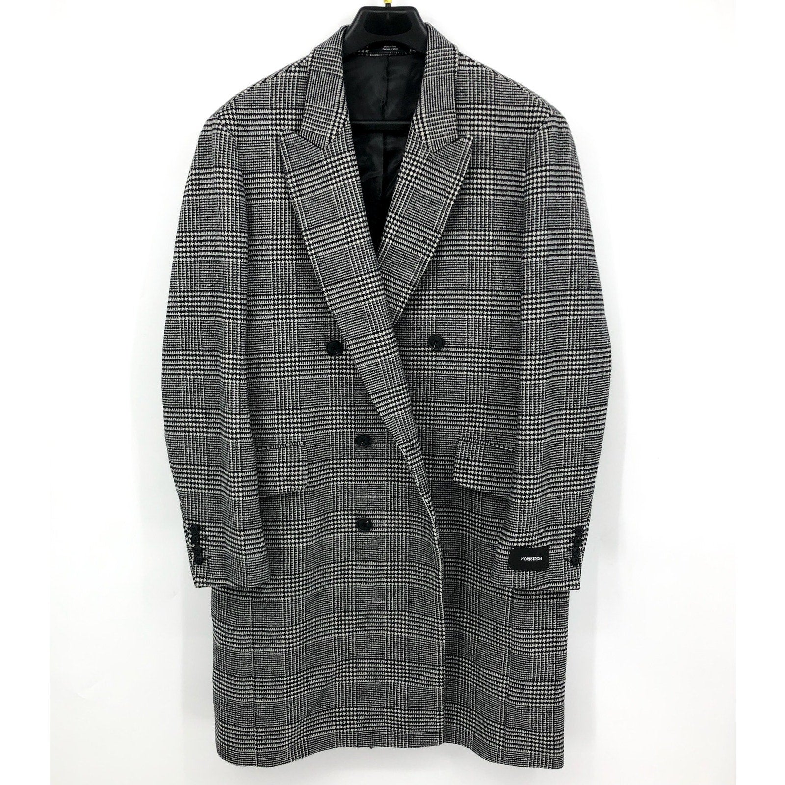 NORDSTROM Men's Glen Wool Blend Topcoat XL Black White Plaid XL NWT