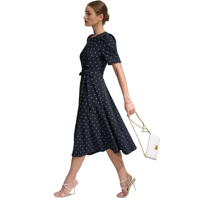 DKNY Women's Polka-Dot Puff-Sleeve Midi Dress Size 12 Navy Waist Tie Belt NWT