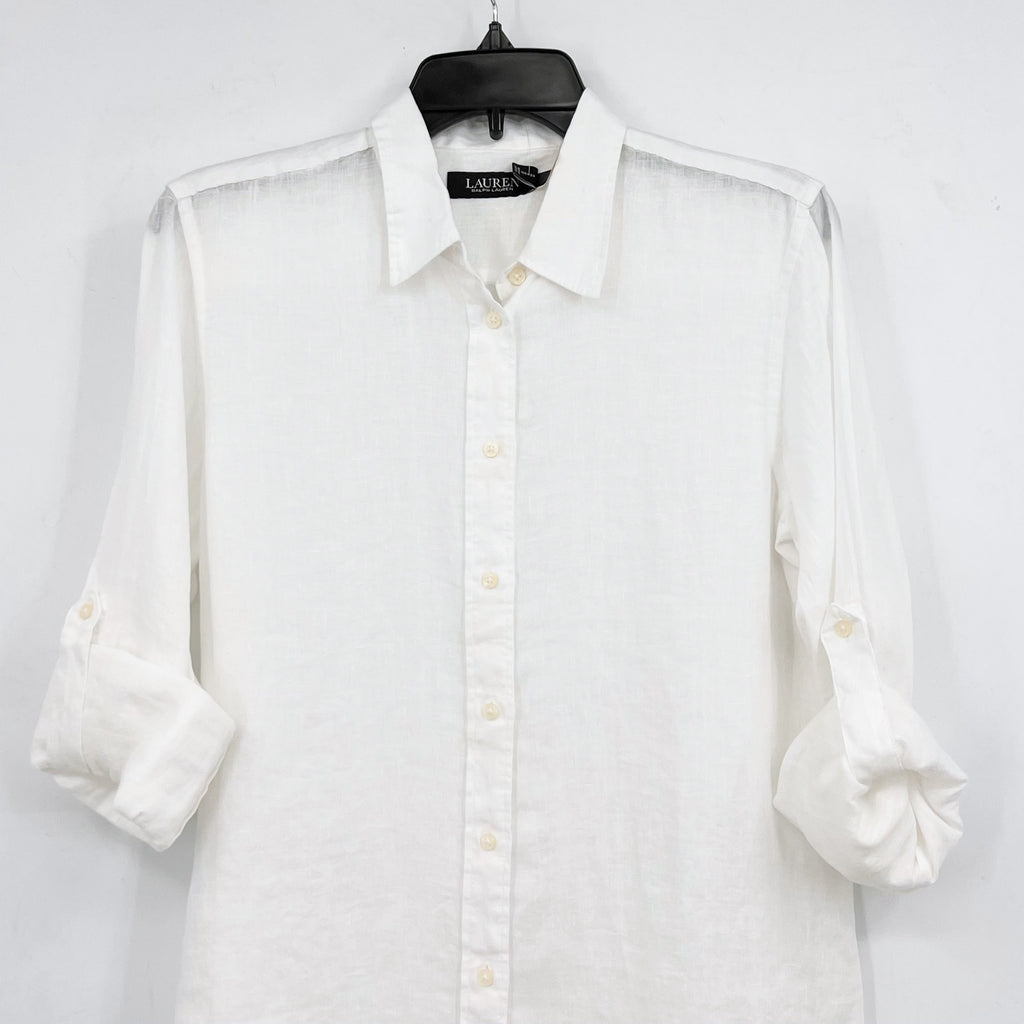 LAUREN RALPH LAUREN Womens Linen Shirt Medium White Roll Tab Sleeve NWT