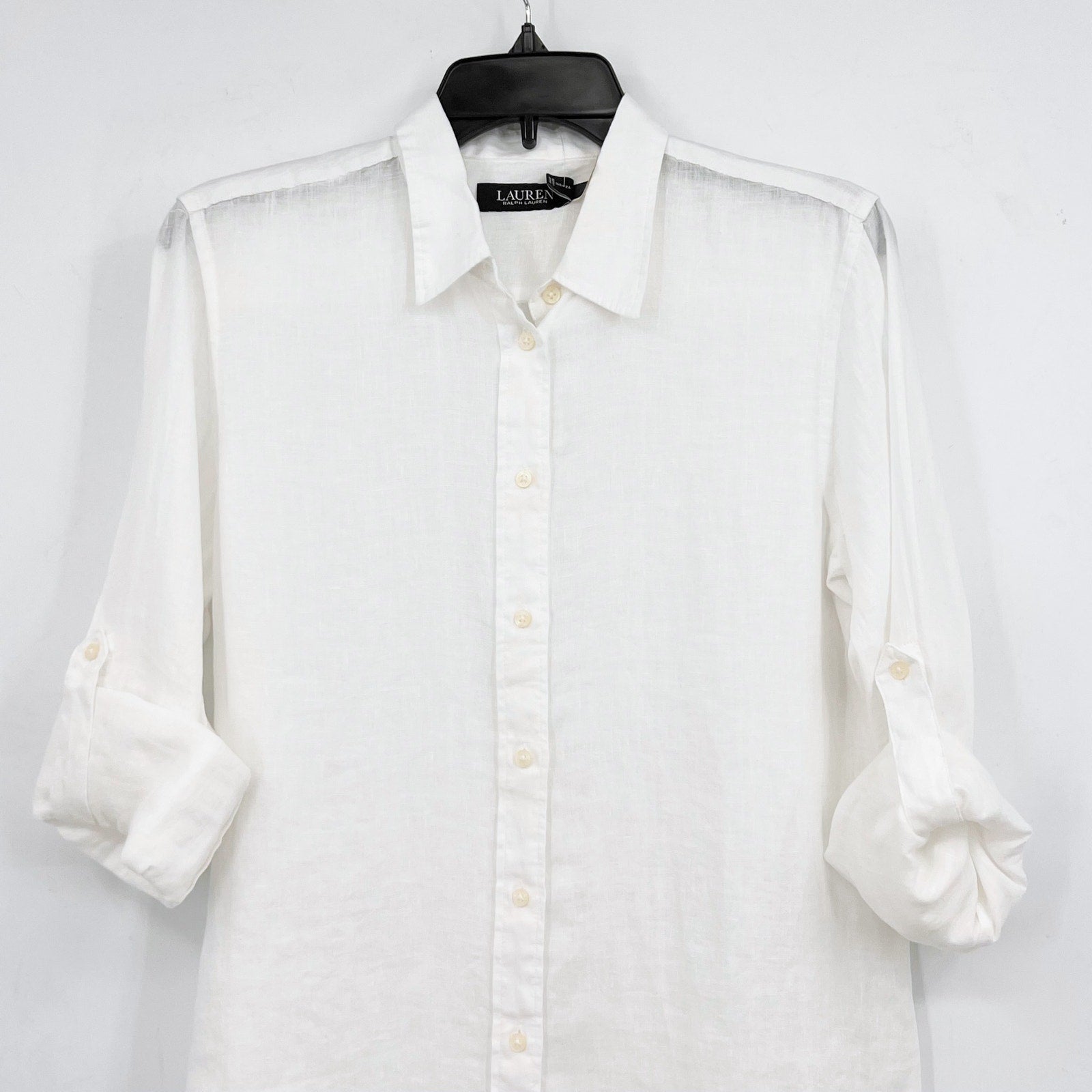 LAUREN RALPH LAUREN Womens Linen Shirt Medium White Roll Tab Sleeve NWT