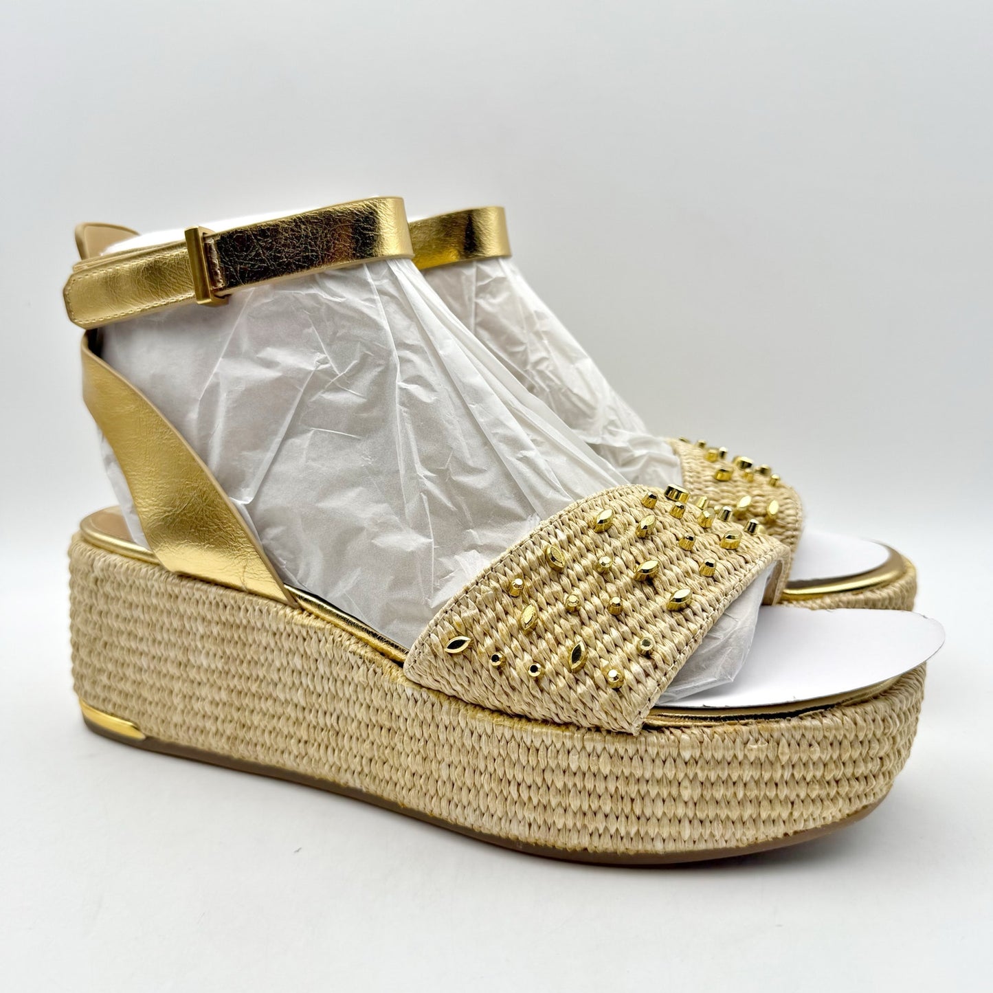 Franco Sarto Womens Terry 3 Studded Espadrille Sandal US 8.5 M Gold Metallic NIB