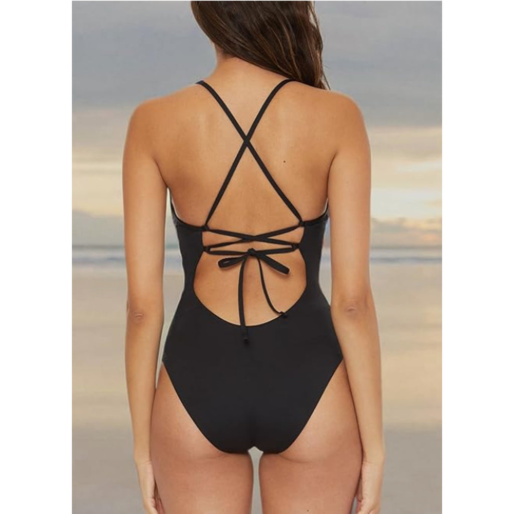 BECCA Women's Layla Plunge One-Piece Swimsuit Medium Black Open Back NWT