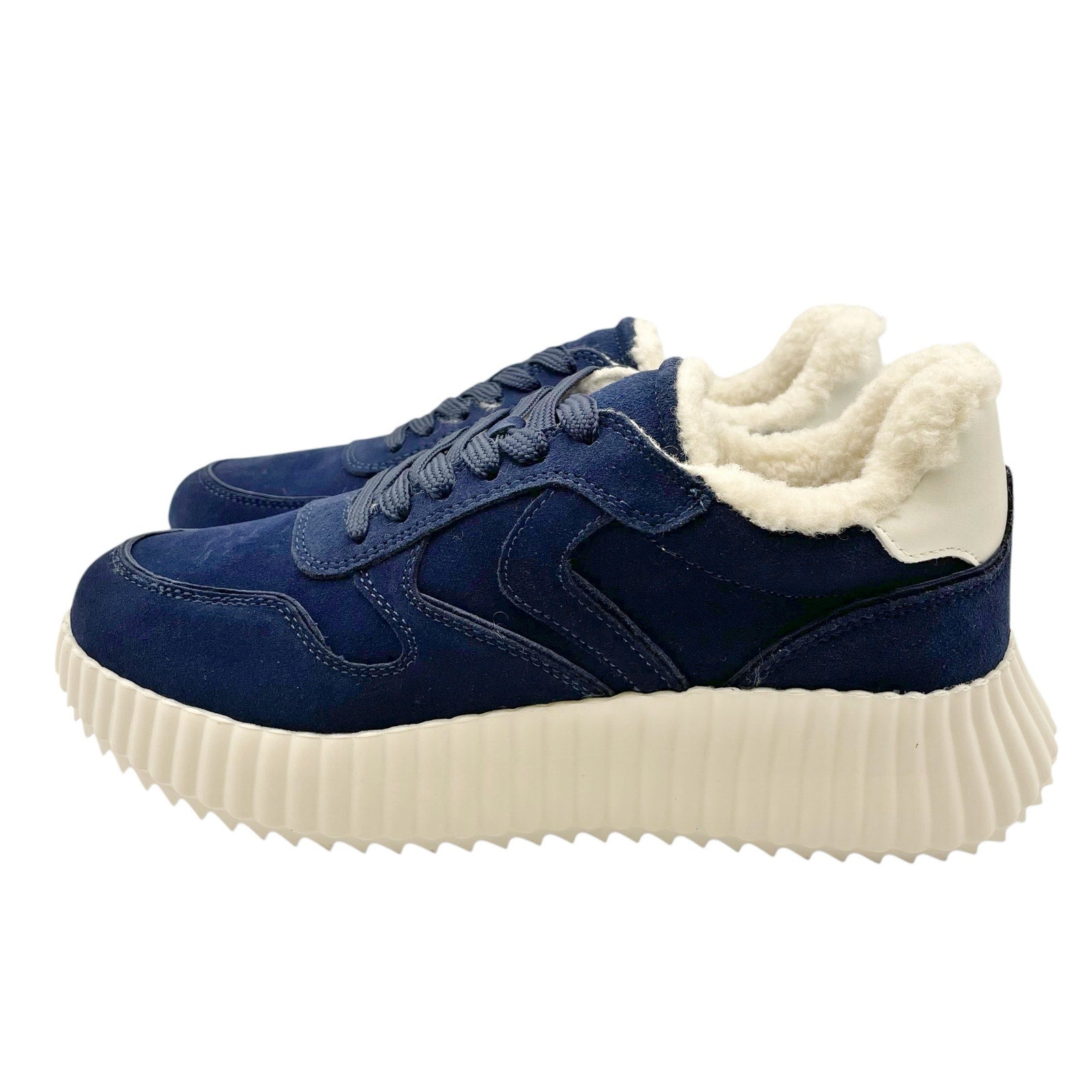 Steve Madden Womens Shereen-Fur Lined Sneakers US 7.5 EU 38 Navy Blue Suede NIB