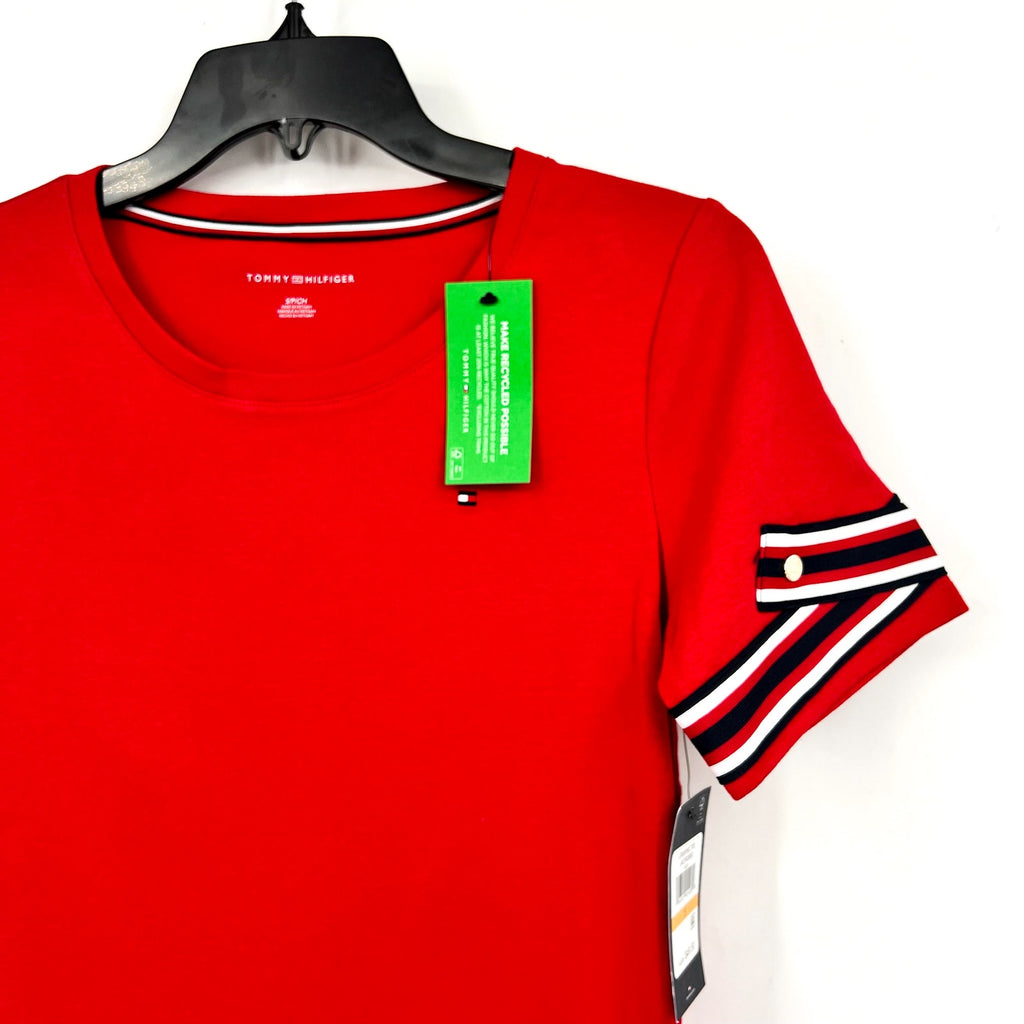 Tommy Hilfiger Womens Ribbon Cuff Logo T-Shirt Small Red Crewneck Cotton NWT