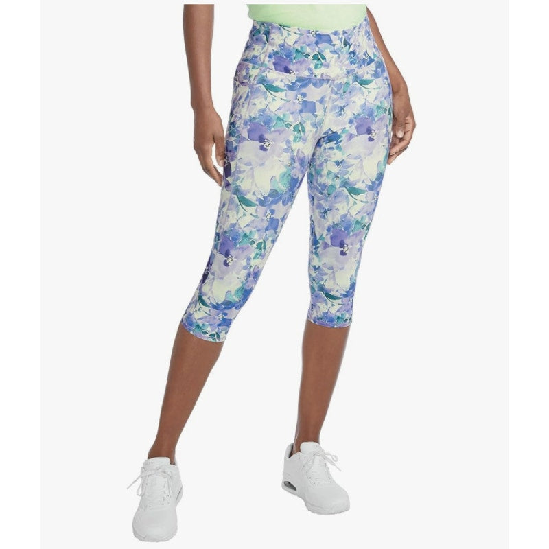 SKECHERS Gowalk Capri Leggings Small  Blue Seascape Floral High Waisted NWT