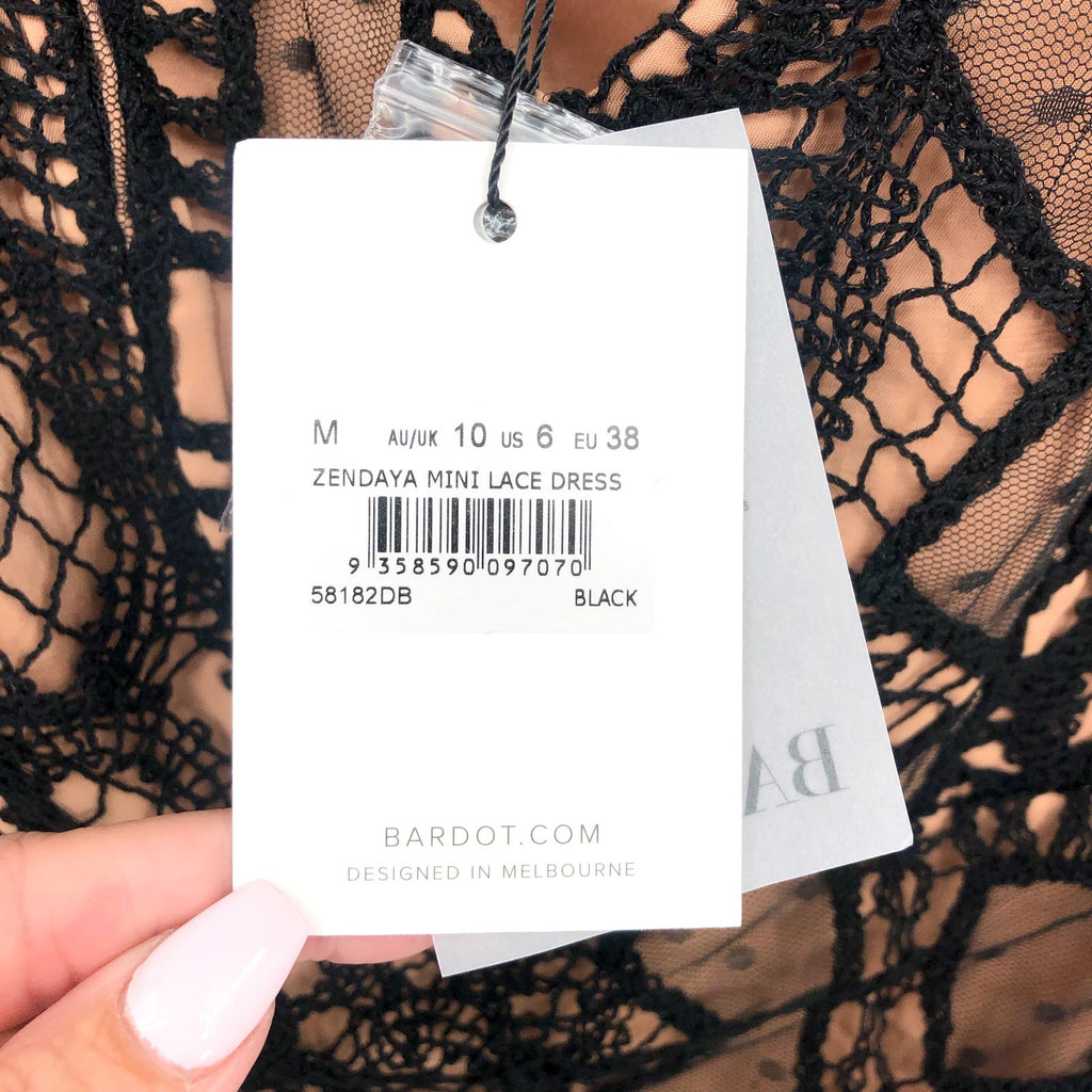 BARDOT Women's Zendaya Mini Lace Dress Medium Black/Nude Off Shoulder NWT