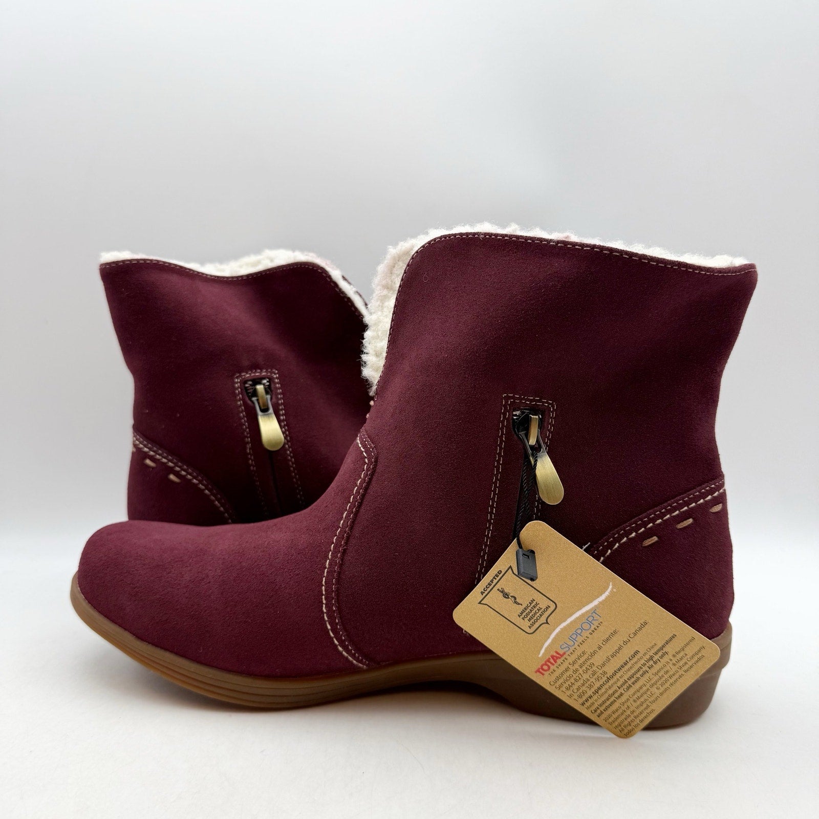 Spenco Womens Sun Valley Ankle Boots US 6.5 Red Burgundy Suede Sherpa Lined NIB