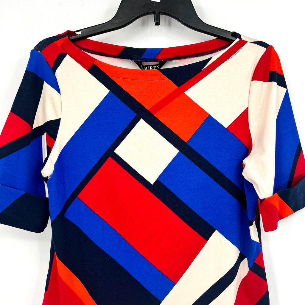 LAUREN RALPH LAUREN Judy Top Large Blue Red Geometric Mid-Sleeve NWT