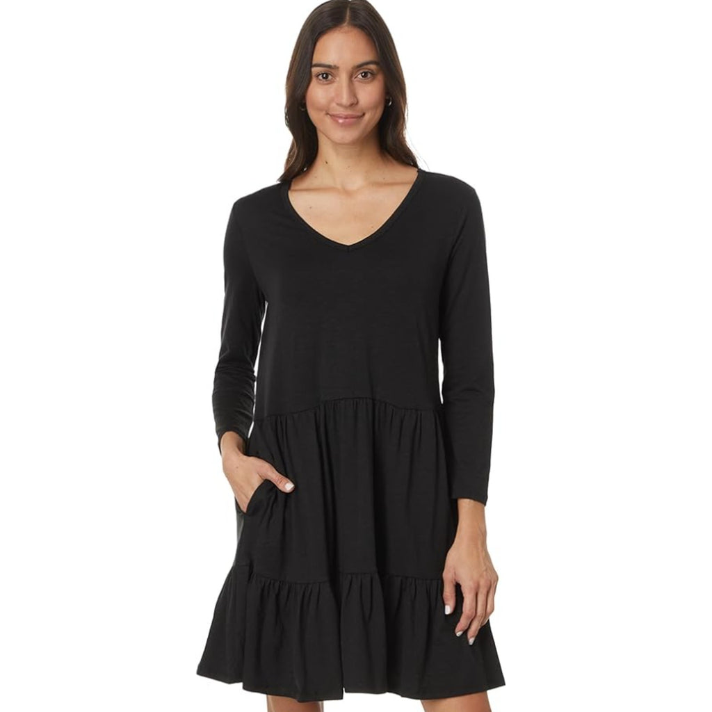 TOAD&CO Womens Marley Tiered Dress Medium Black V Neck Long-Sleeve NWOT