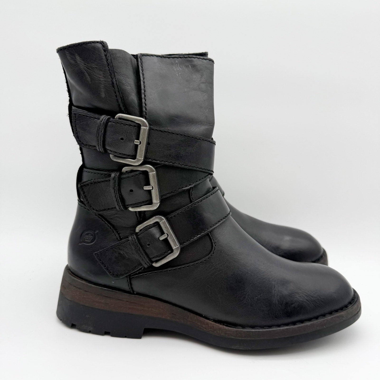 Born Womens Mayne Mid Calf Boots US 6 M EU 36.5 Black Leather Combat Buckle NIB