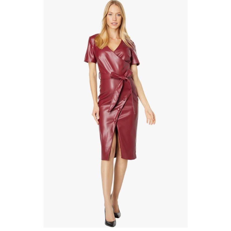 BARDOT Womens Wrap Midi Dress Large US 8 Red Burgundy Vegan Leather NWT