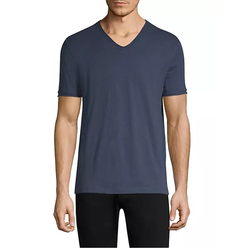 JOHN VARVATOS Men's Miles Slub V Neck Tee Medium Oiled Blue Short Sleeve NWT
