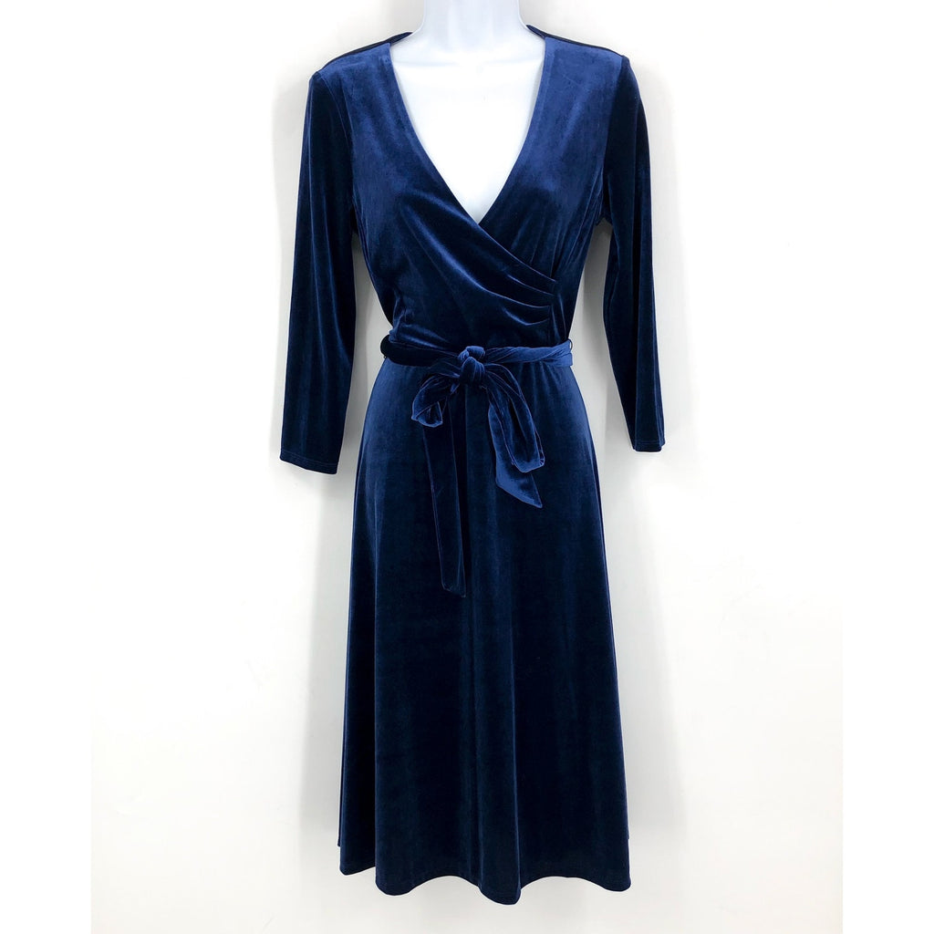 LAUREN RALPH LAUREN Women's Surplice V Neck Velvet Midi Dress Size 10 Blue NWT