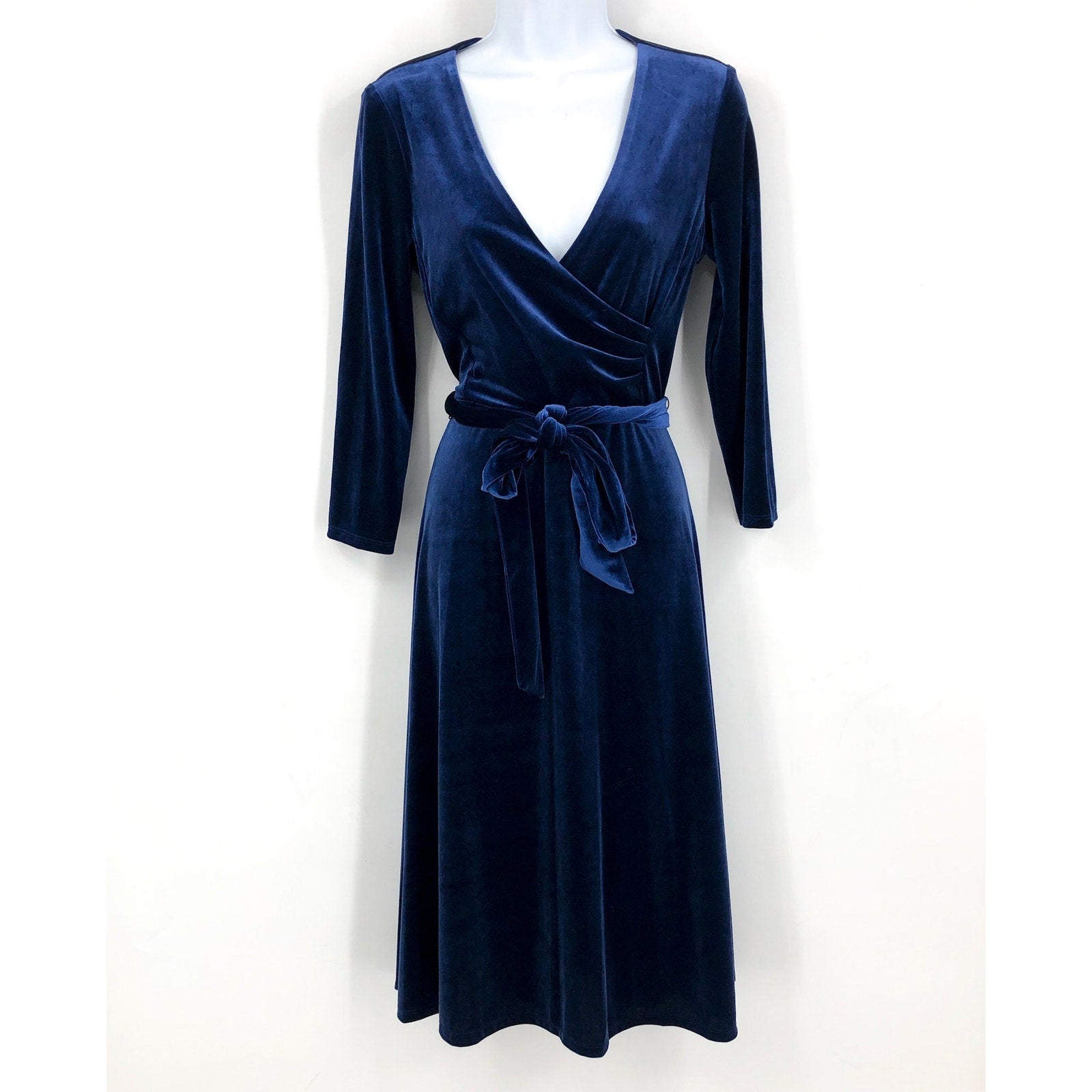 LAUREN RALPH LAUREN Women's Surplice V Neck Velvet Midi Dress Size 10 Blue NWT