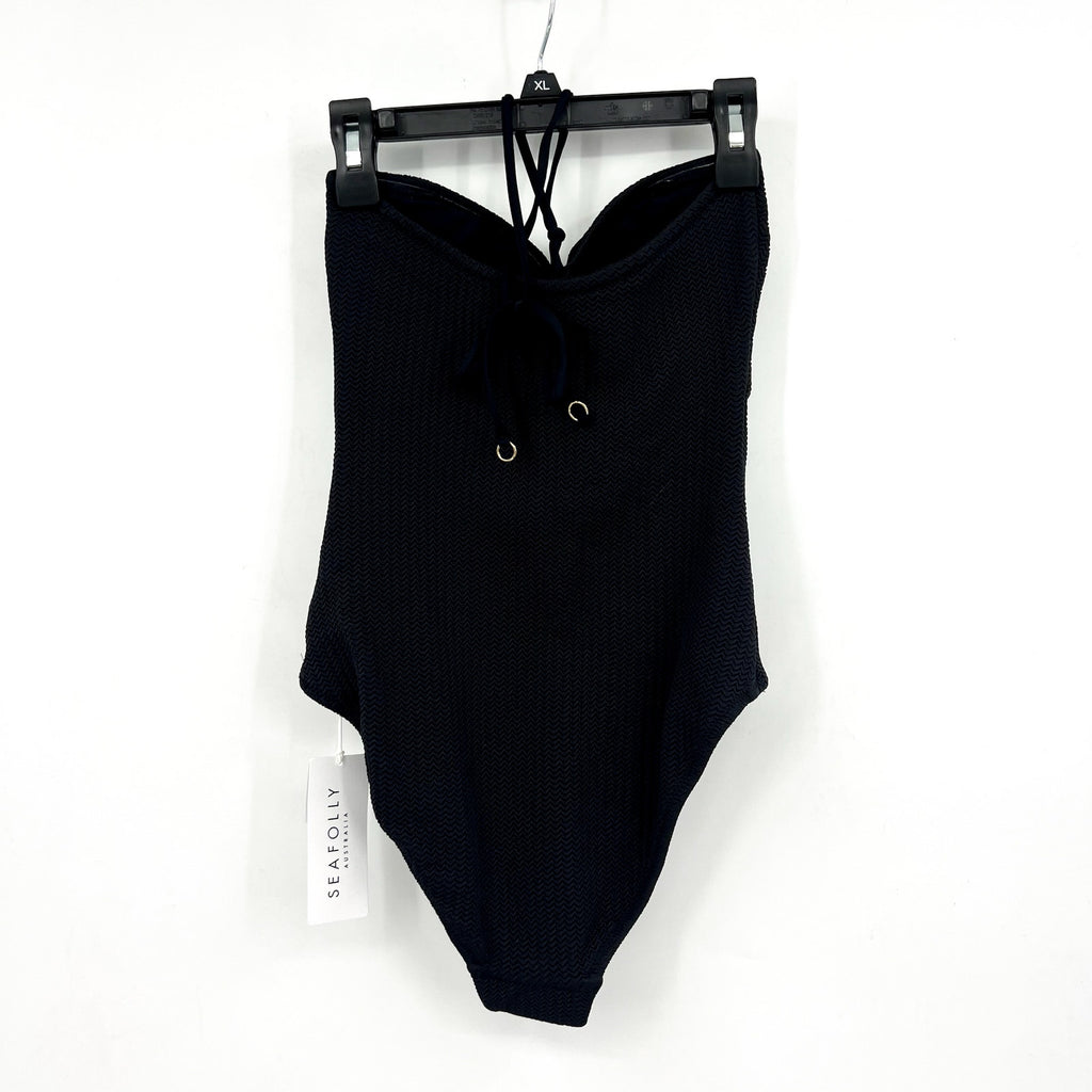 SEAFOLLY Sea Dive Bandeau One Piece Swimsuit Size 6 Black Textured Knit NWT