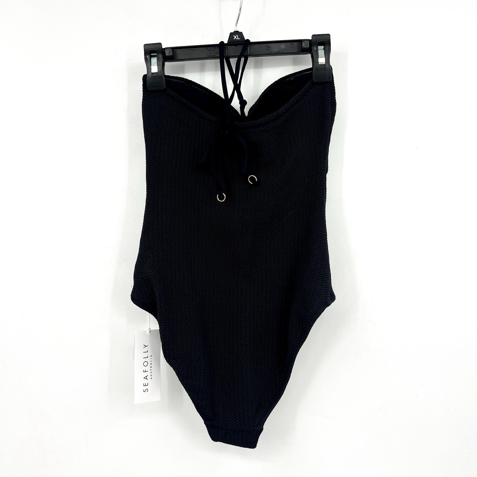 SEAFOLLY Sea Dive Bandeau One Piece Swimsuit Size 6 Black Textured Knit NWT