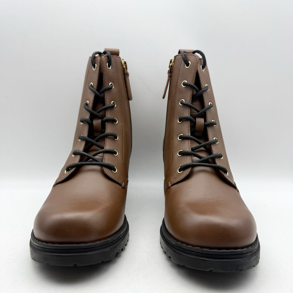 Cole Haan Womens Camea Combat Boots US 7 Brown Leather Zip Side Waterproof NWOB