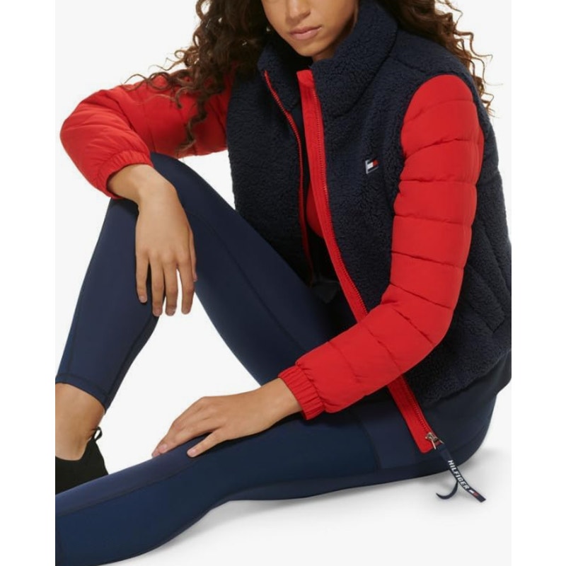 Tommy Hilfiger Sport Womens Sherpa Winter Coat Small Navy Blue Red Full Zip NWT