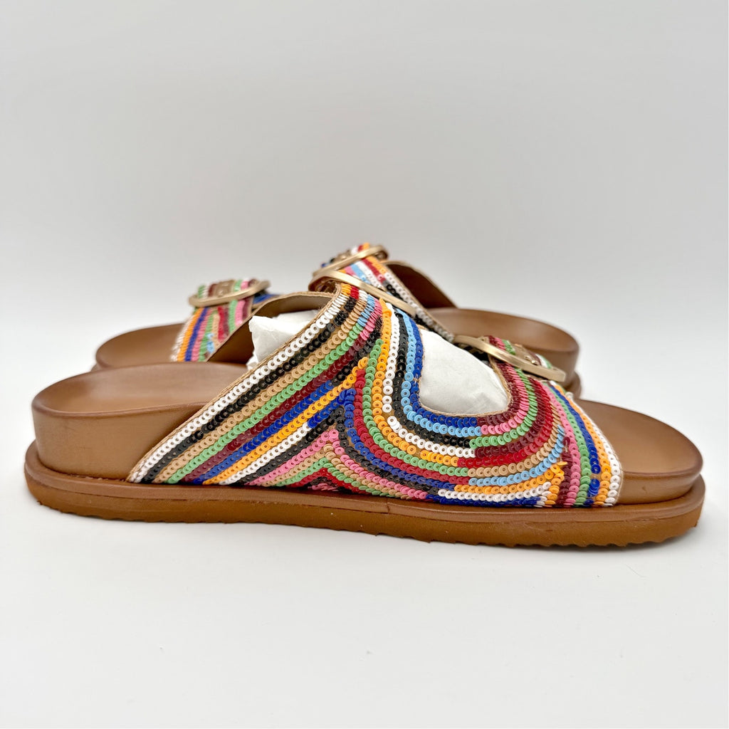 Steve Madden Womens Tourist Footbed Sandals Size 7.5 Multicolor Sequins NIB